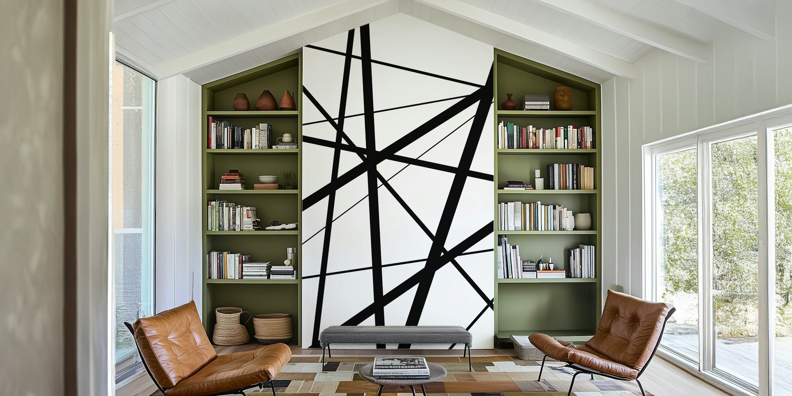 Abstract black geometric lines on white wallpaper