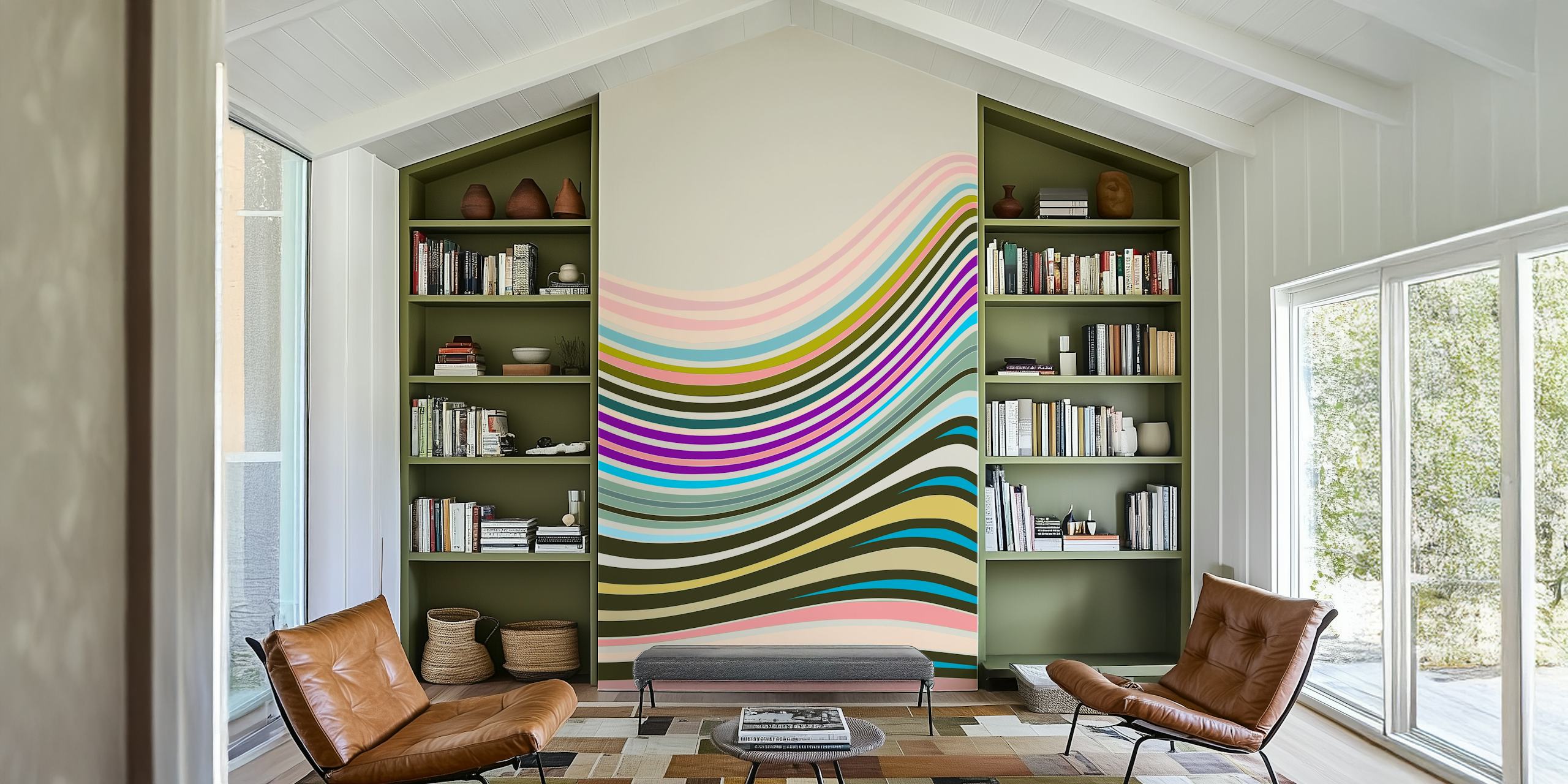 Wavy striped design in multicolor tones including pink, purple, and teal wallpaper.