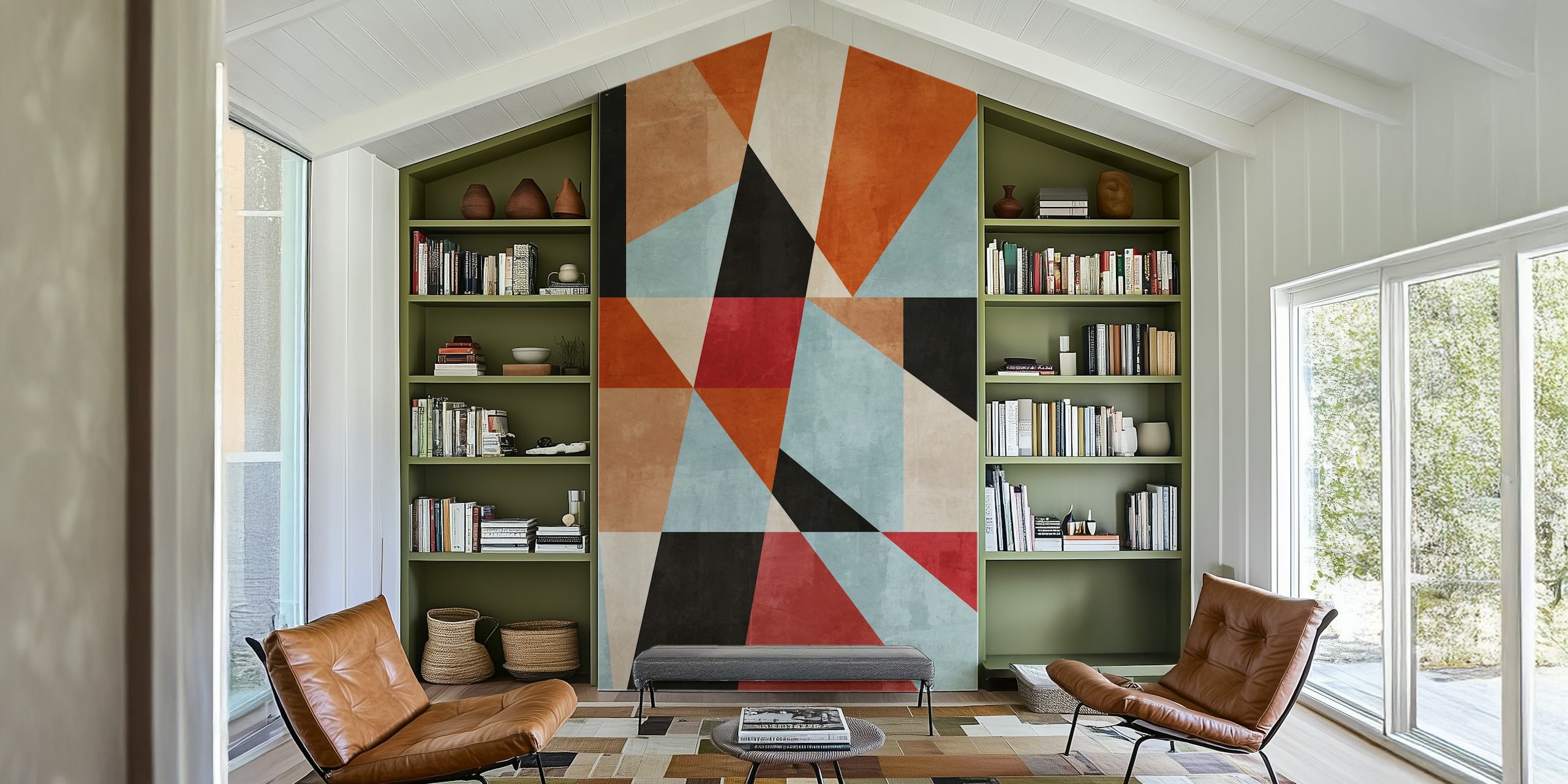 Colorful geometric patterns in orange, blue, black, and cream wallpaper