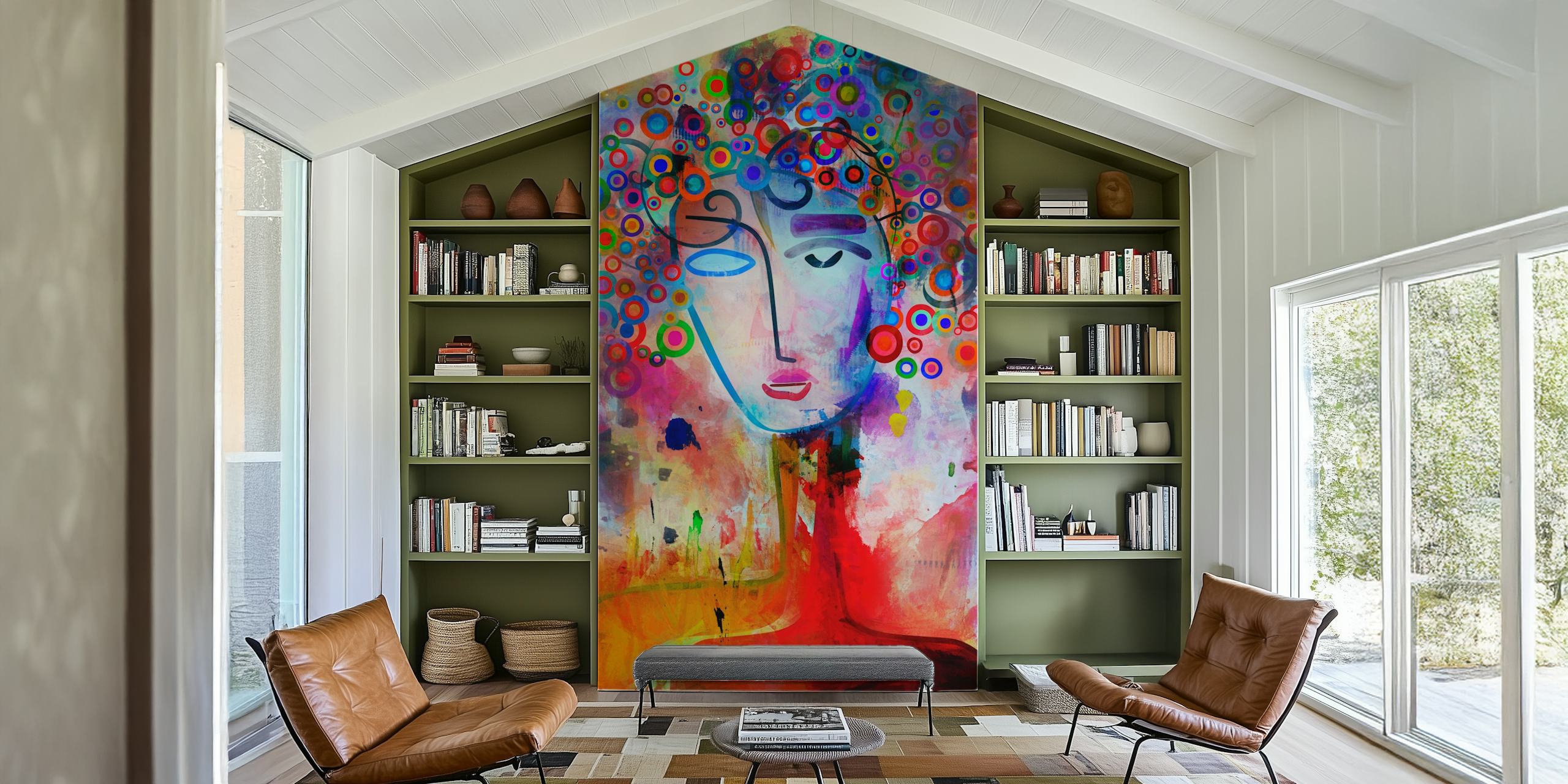 Abstract colorful wall mural featuring an imaginative representation of a mind in a brainstorming session