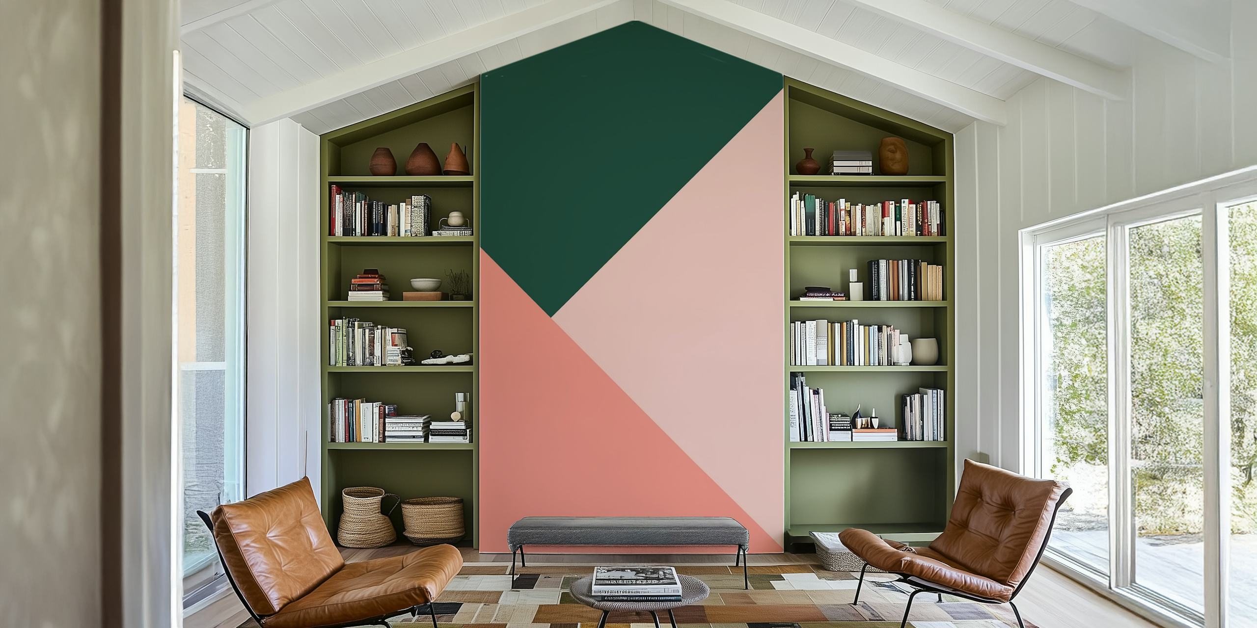 Geometric triangles in pink, green, and beige wallpaper
