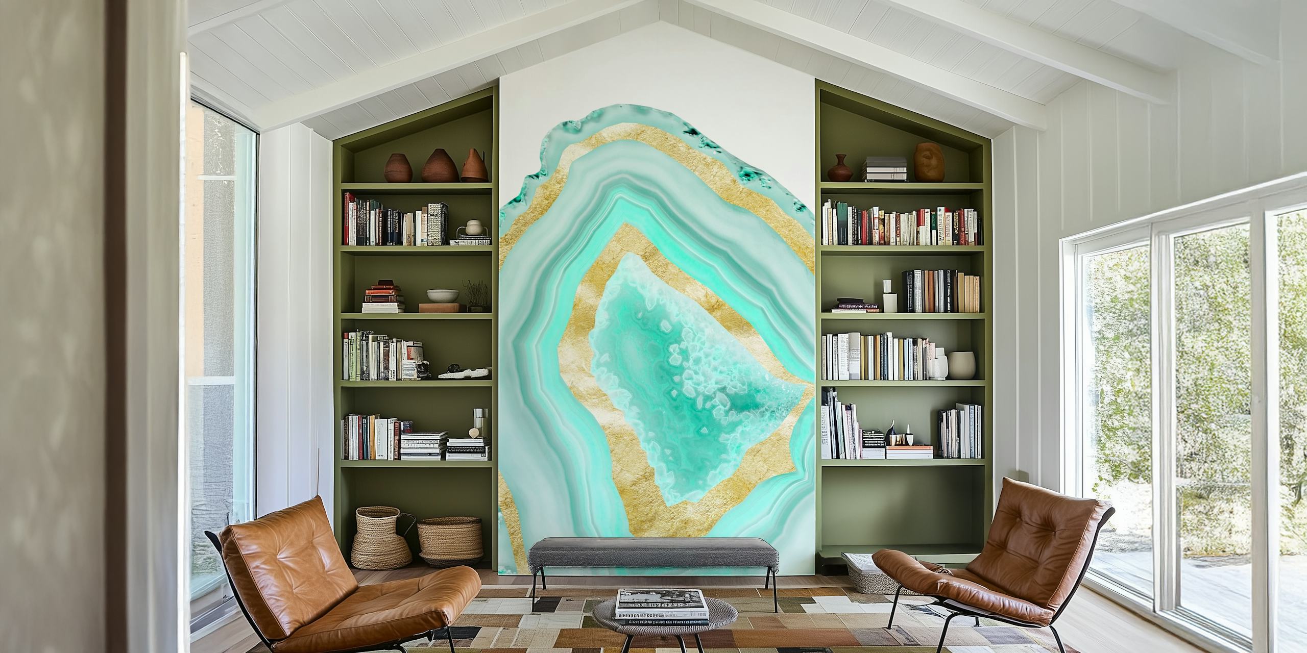Teal and gold agate design wallpaper
