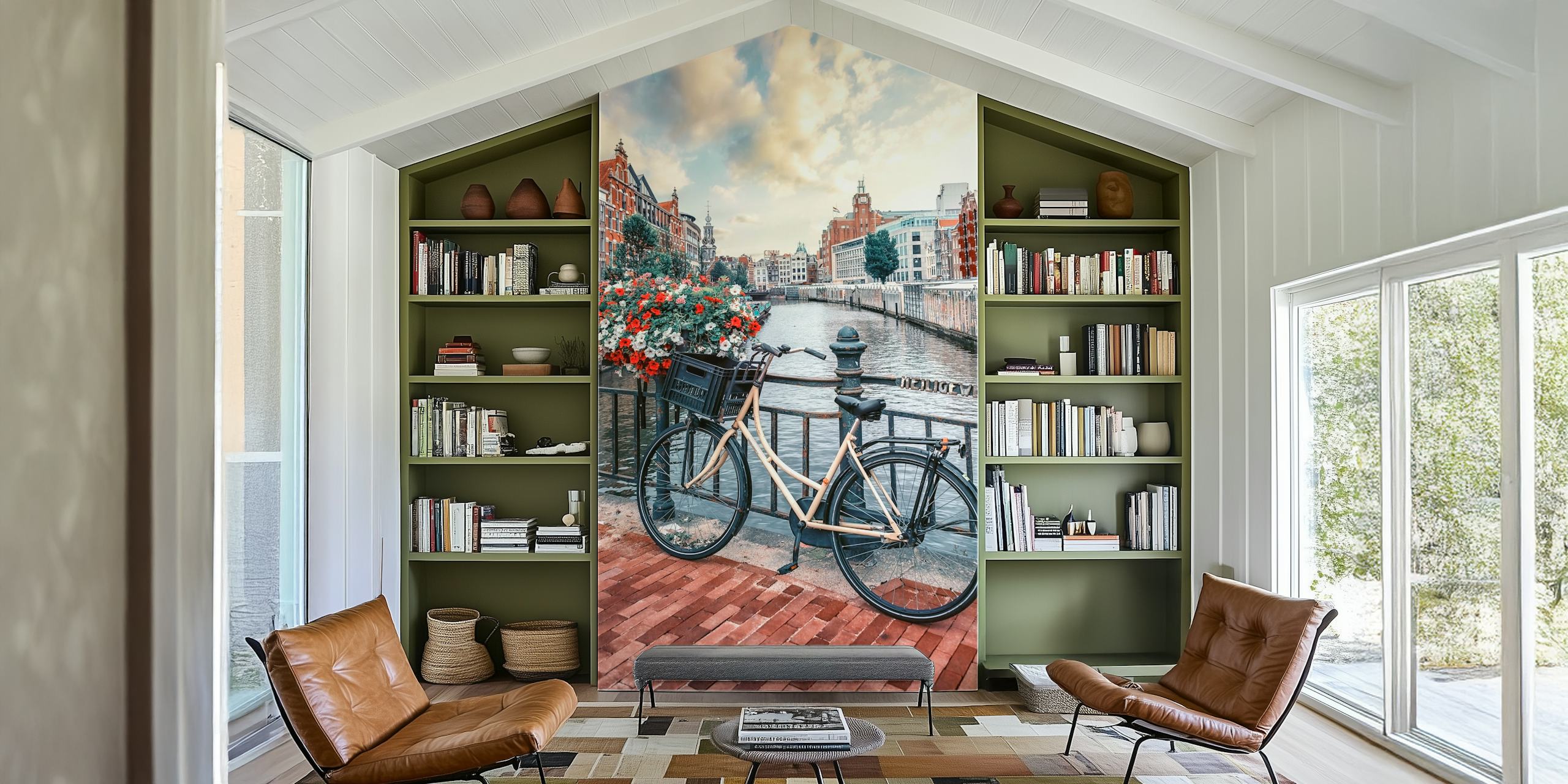 Vintage bike with flowers overlooking Amsterdam canals and architecture