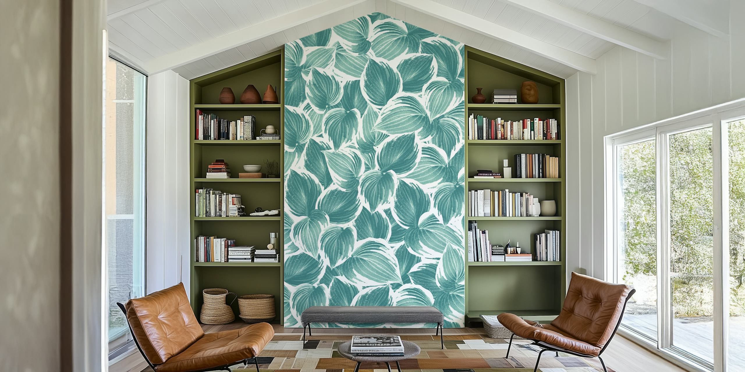 Botanical teal leaves pattern on a white background wall mural