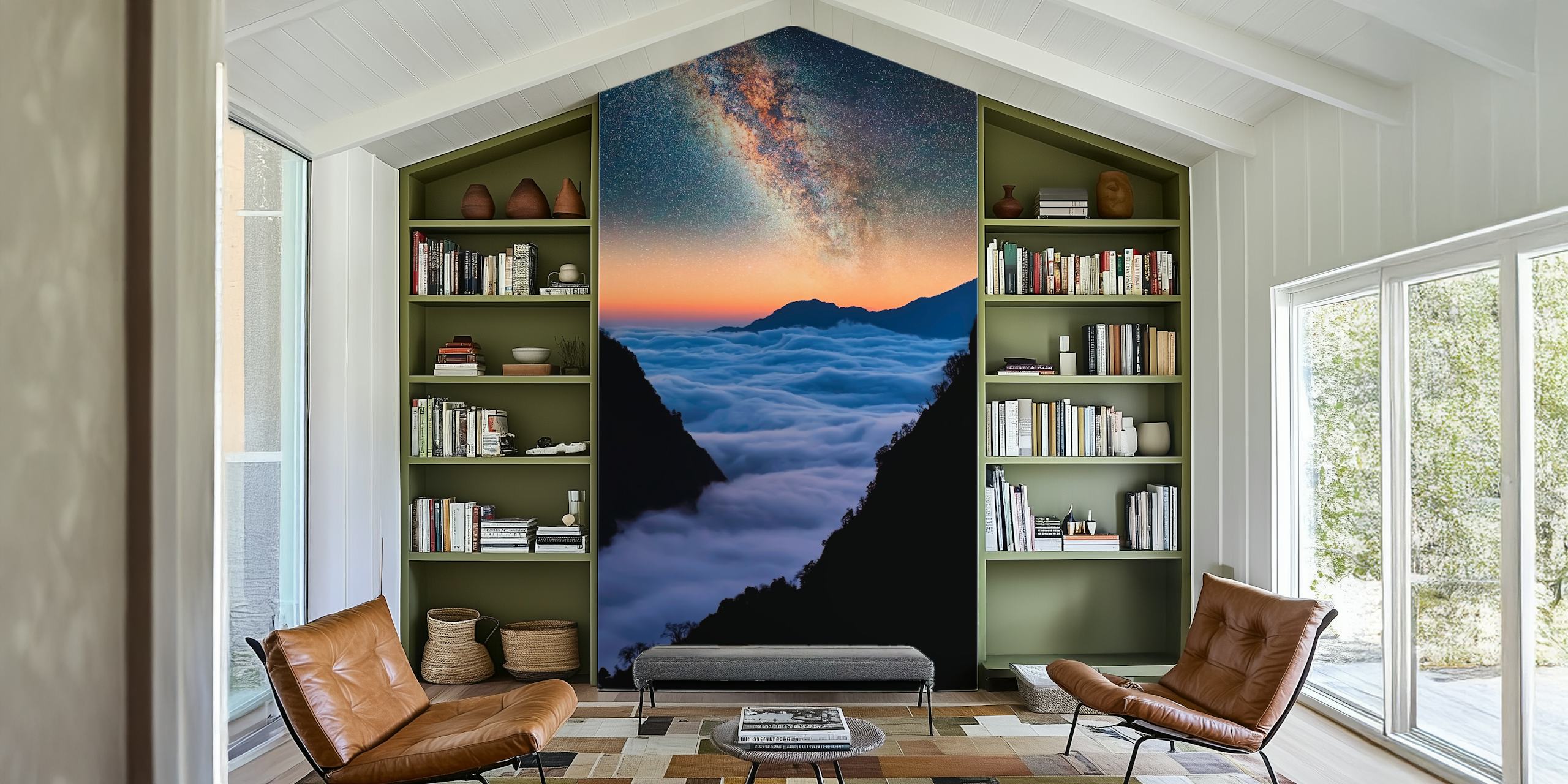 Mountain landscape with clouds and starry sky wallpaper