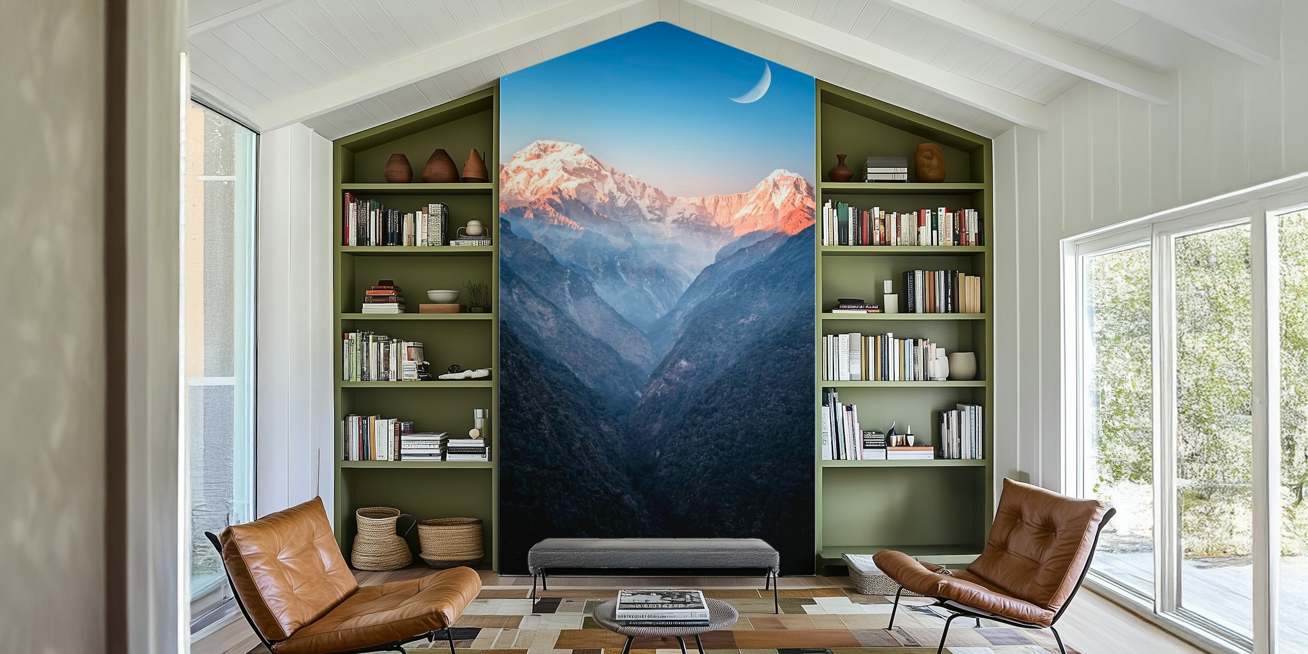 Himalayan mountain sunset with orange and blue hues wallpaper