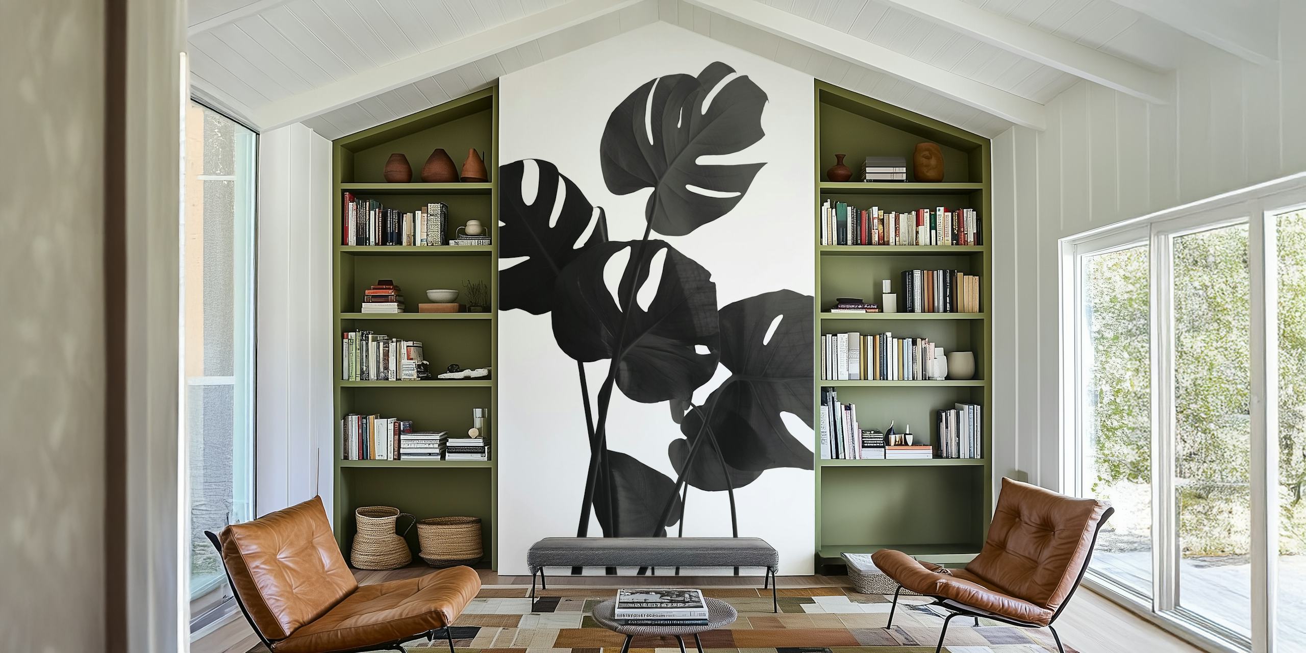 Monstera Leaves Black tapetti esitelty huoneessa