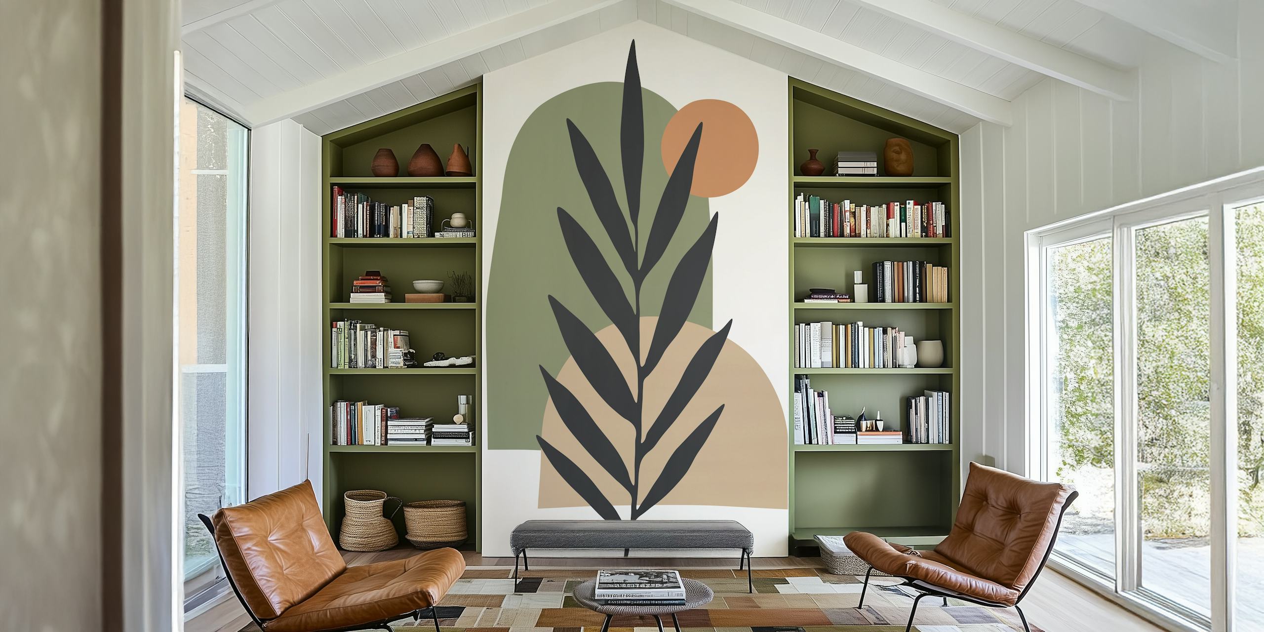 Leafy branch with abstract layered shapes in greens and beige wallpaper