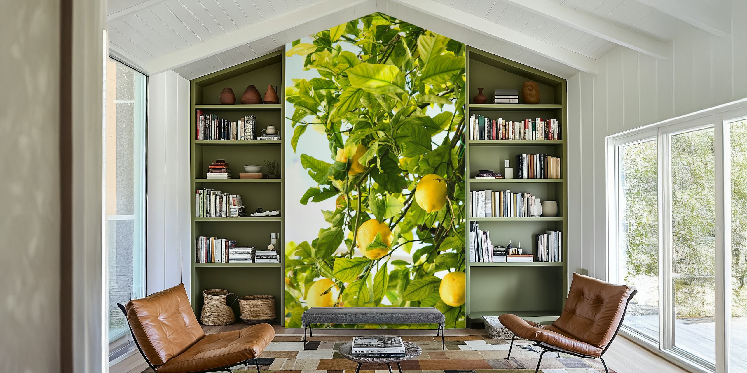 Amalfi Lemon Dream -seinämaalaus, jossa näkyy kirkkaan keltaisia sitruunoita rehevien vihreiden lehtien keskellä.