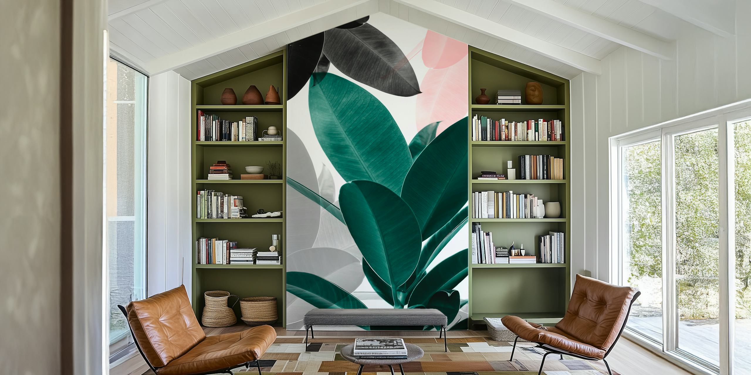 Elegante mural de pared Leaf Play con una mezcla de hojas rosadas, verdes y monocromáticas