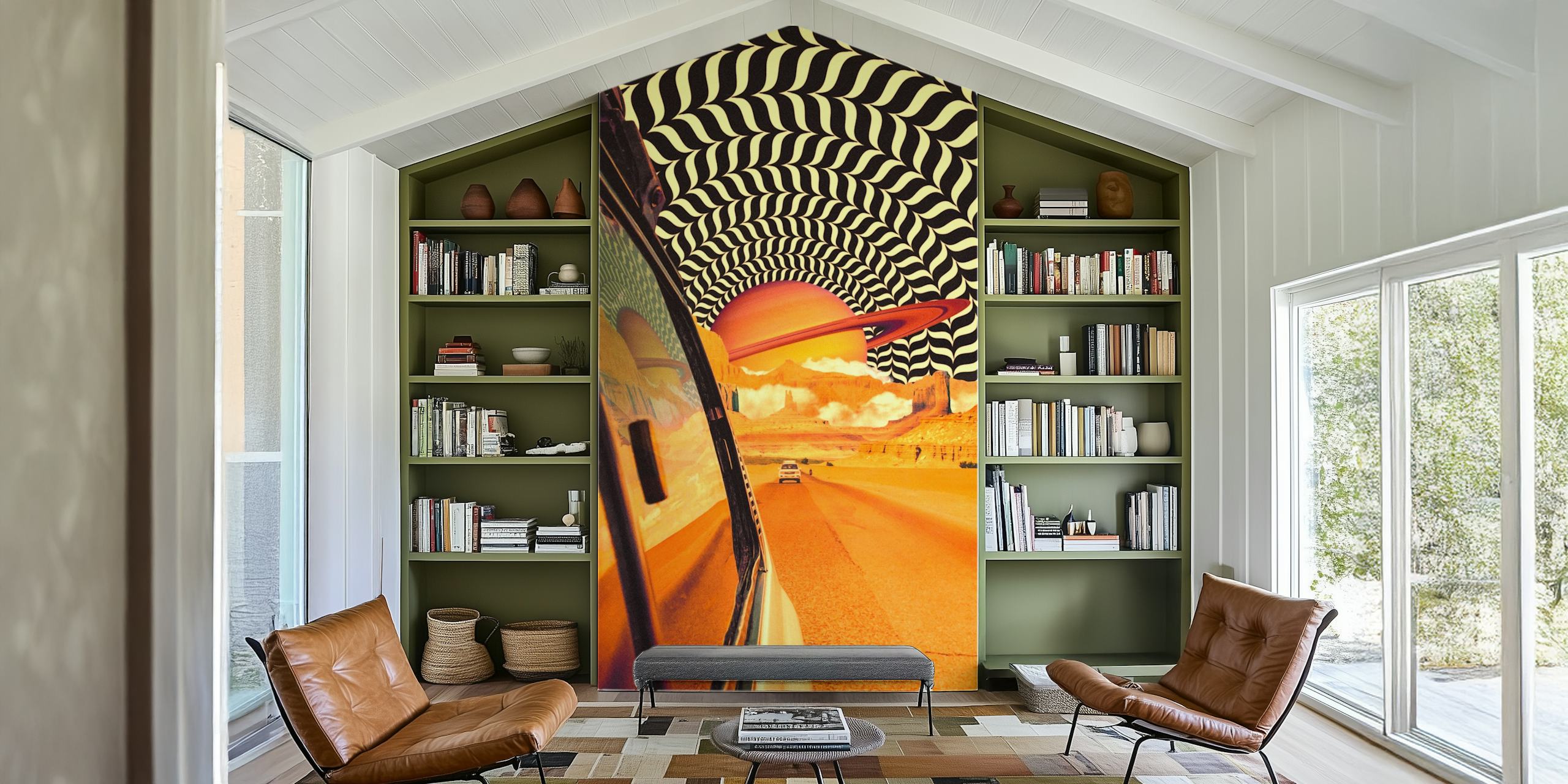 Vibrant retro road trip wallpaper featuring black and white wave patterns, yellow sunset, and a road view
