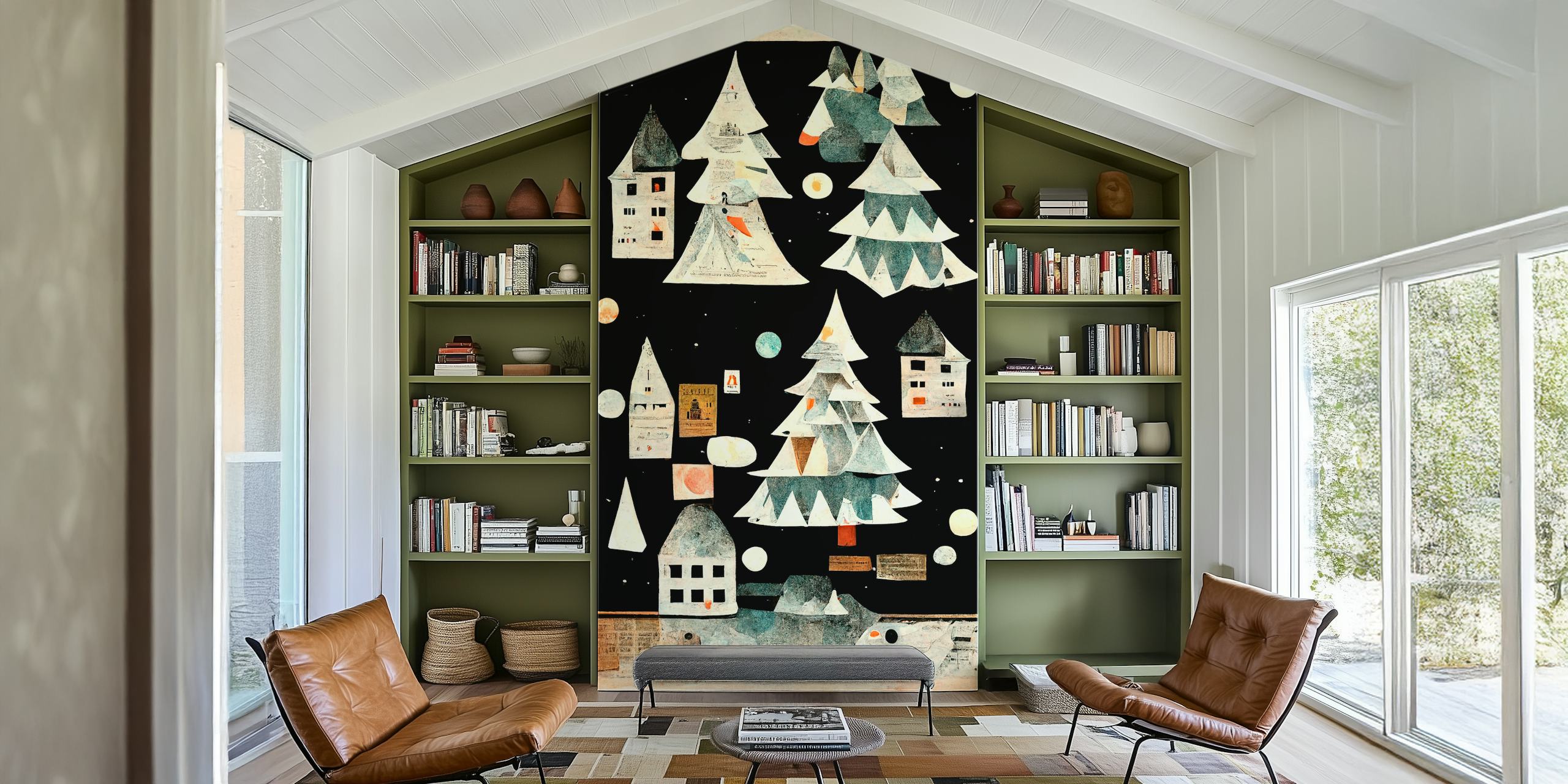 Illustrative wall mural of a quaint village at night with paper-like textures and pastel colors