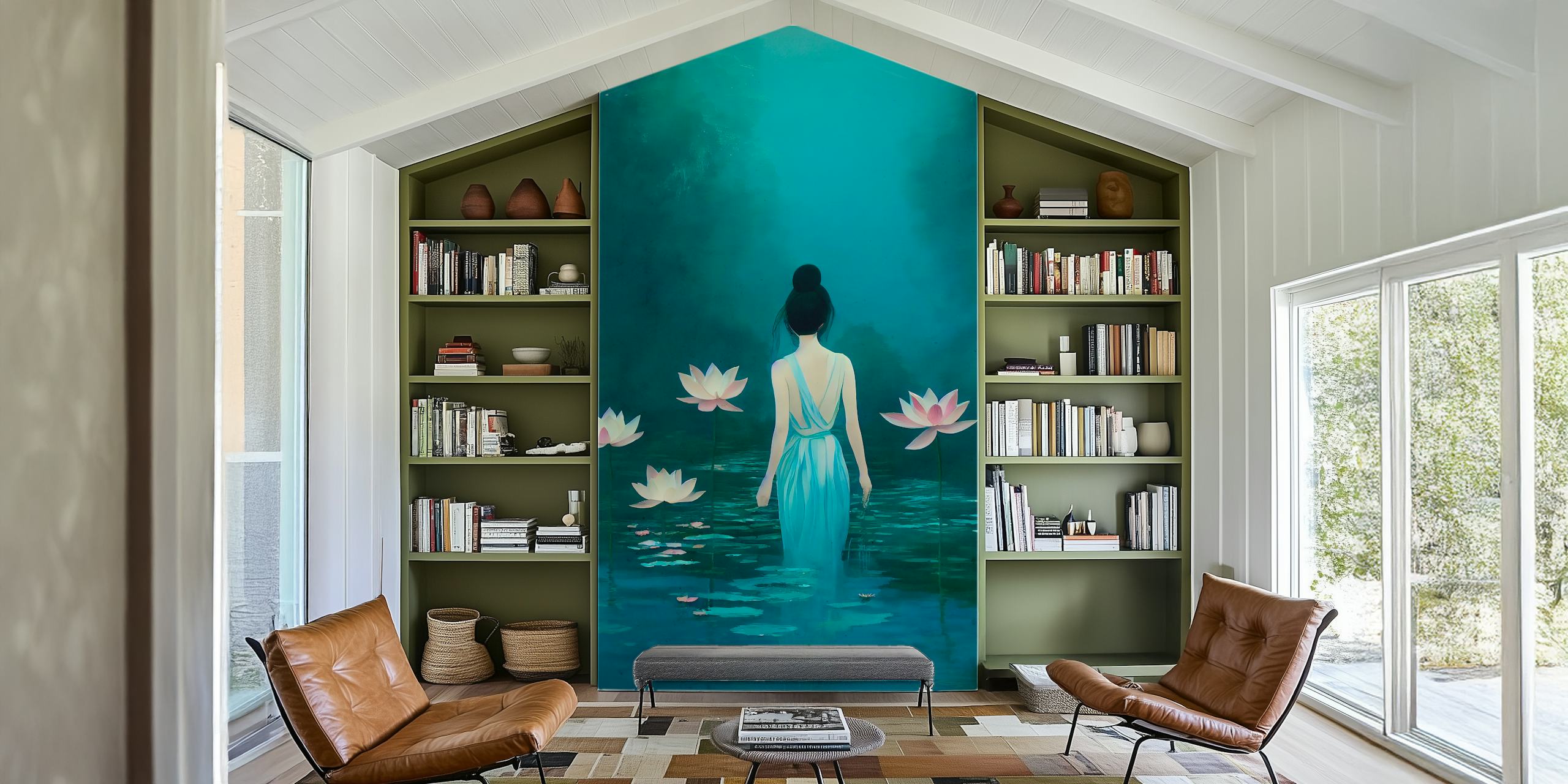 Serene water lilies surrounded by a tranquil blue figure wallpaper