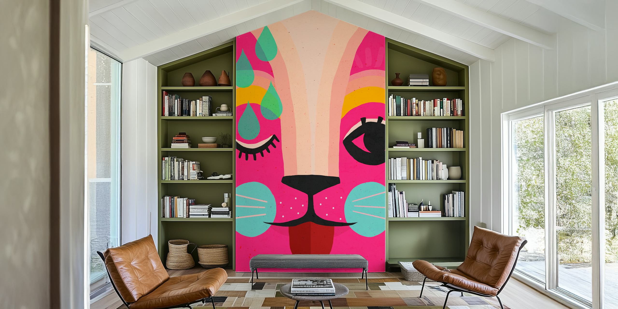 Colorful cat face with pink background, teal details, modern style wallpaper