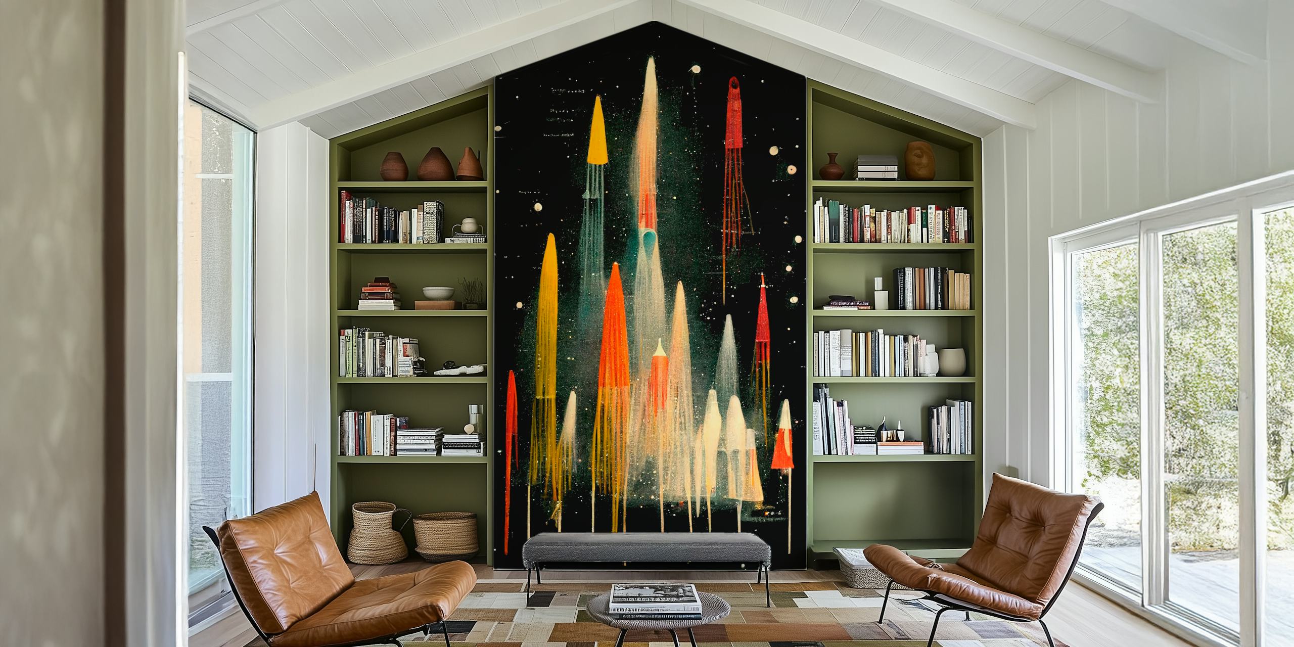 Foguetes de estilo vintage subindo em um fotomural vinílico de parede de céu noturno estrelado