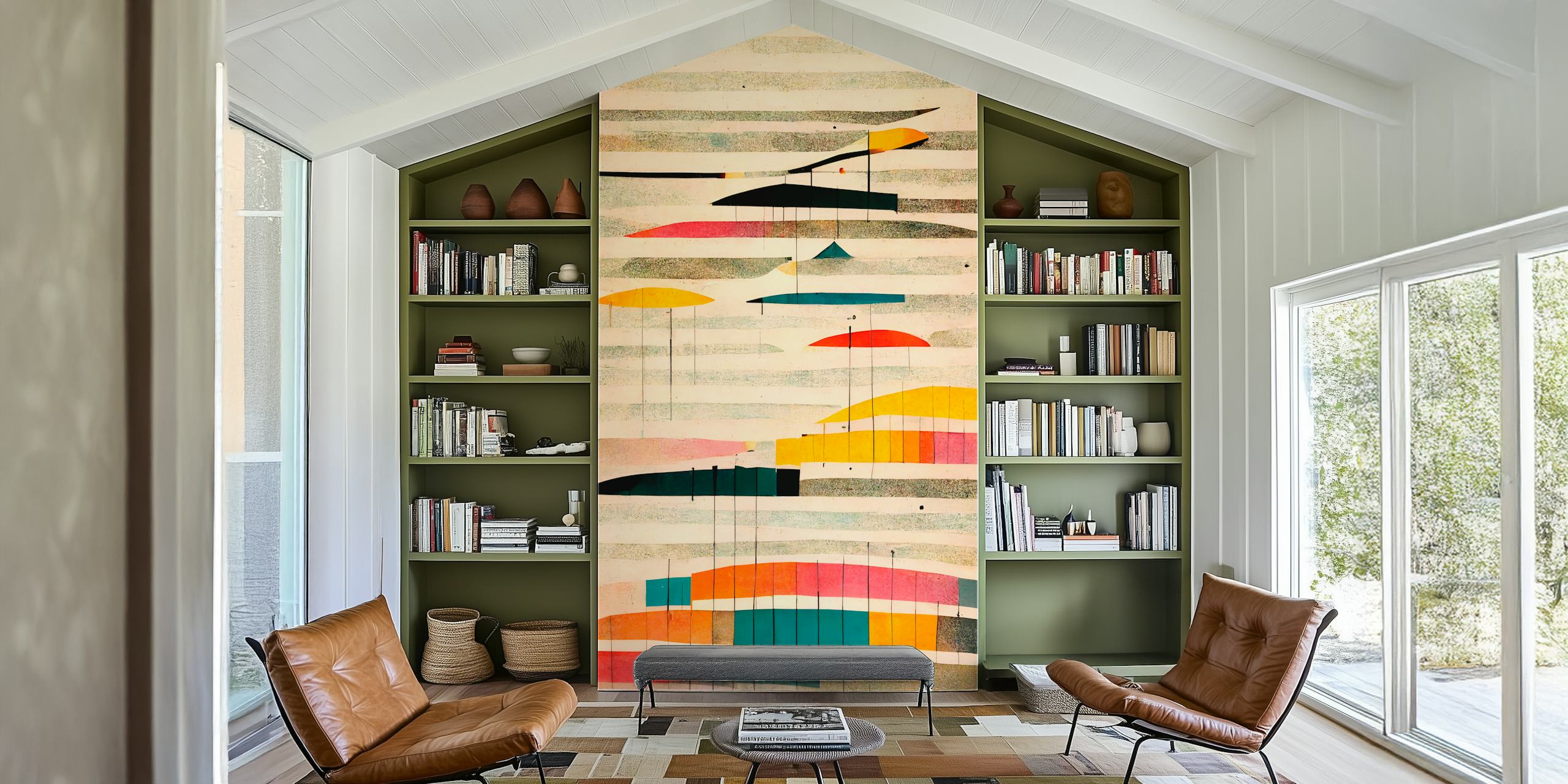 Colorful geometric shapes in pink, yellow, blue, and black wallpaper