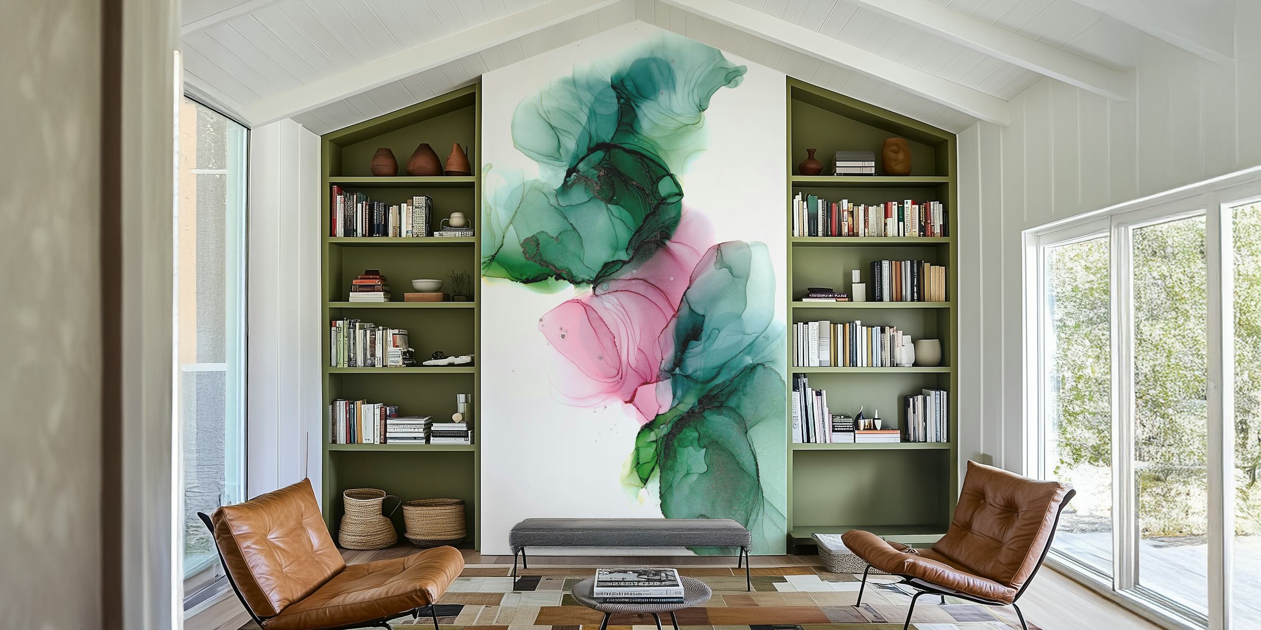 Fotomural vinílico abstrato da parede do lago com nenúfares em tons suaves de rosa, verde e azul.