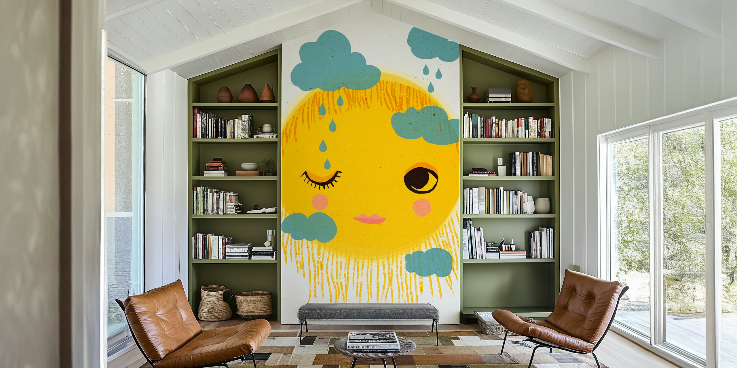 Colorful sun and rain illustration with blue clouds wallpaper