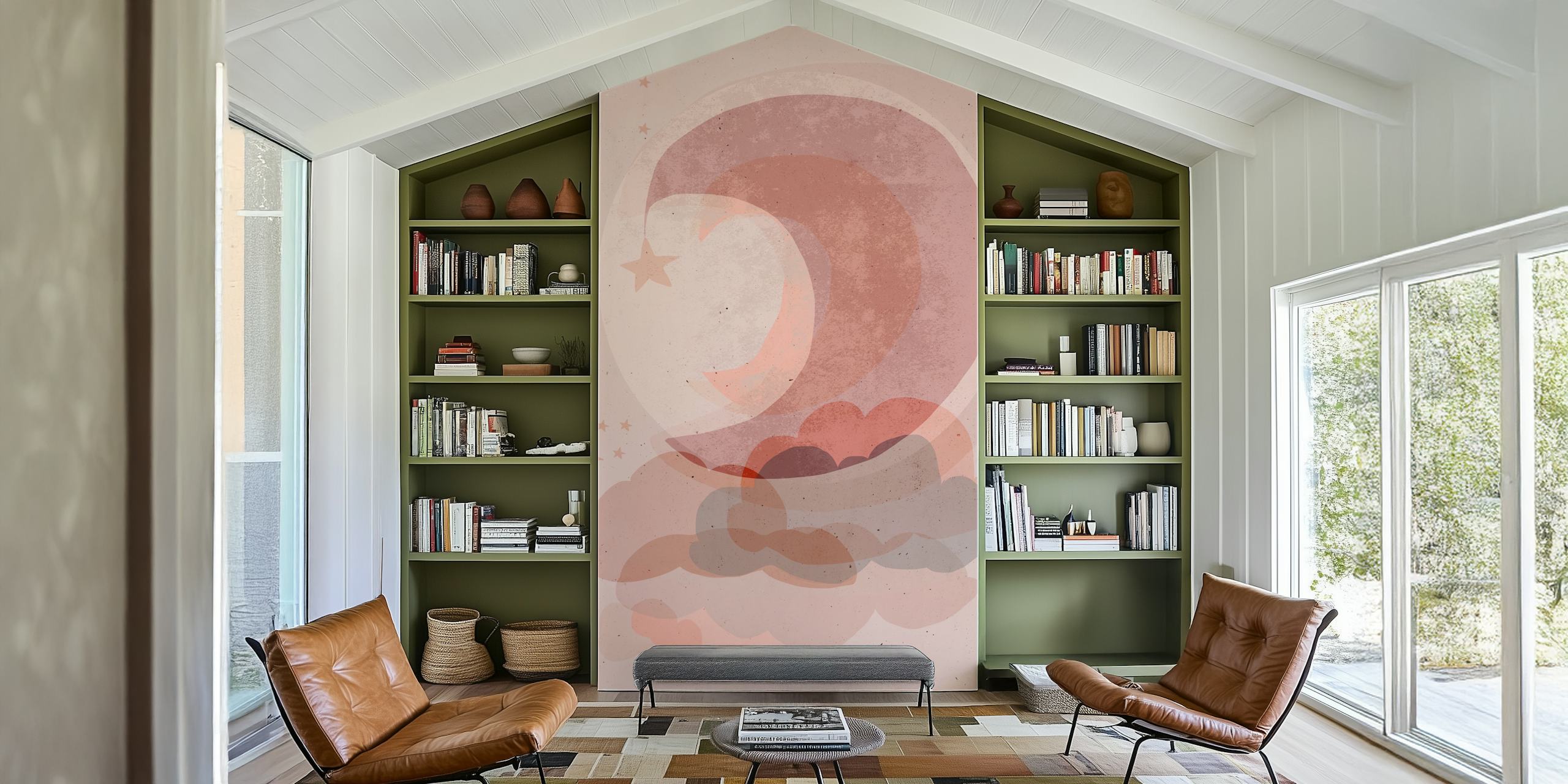 Moon and cloud design in pink tones wallpaper