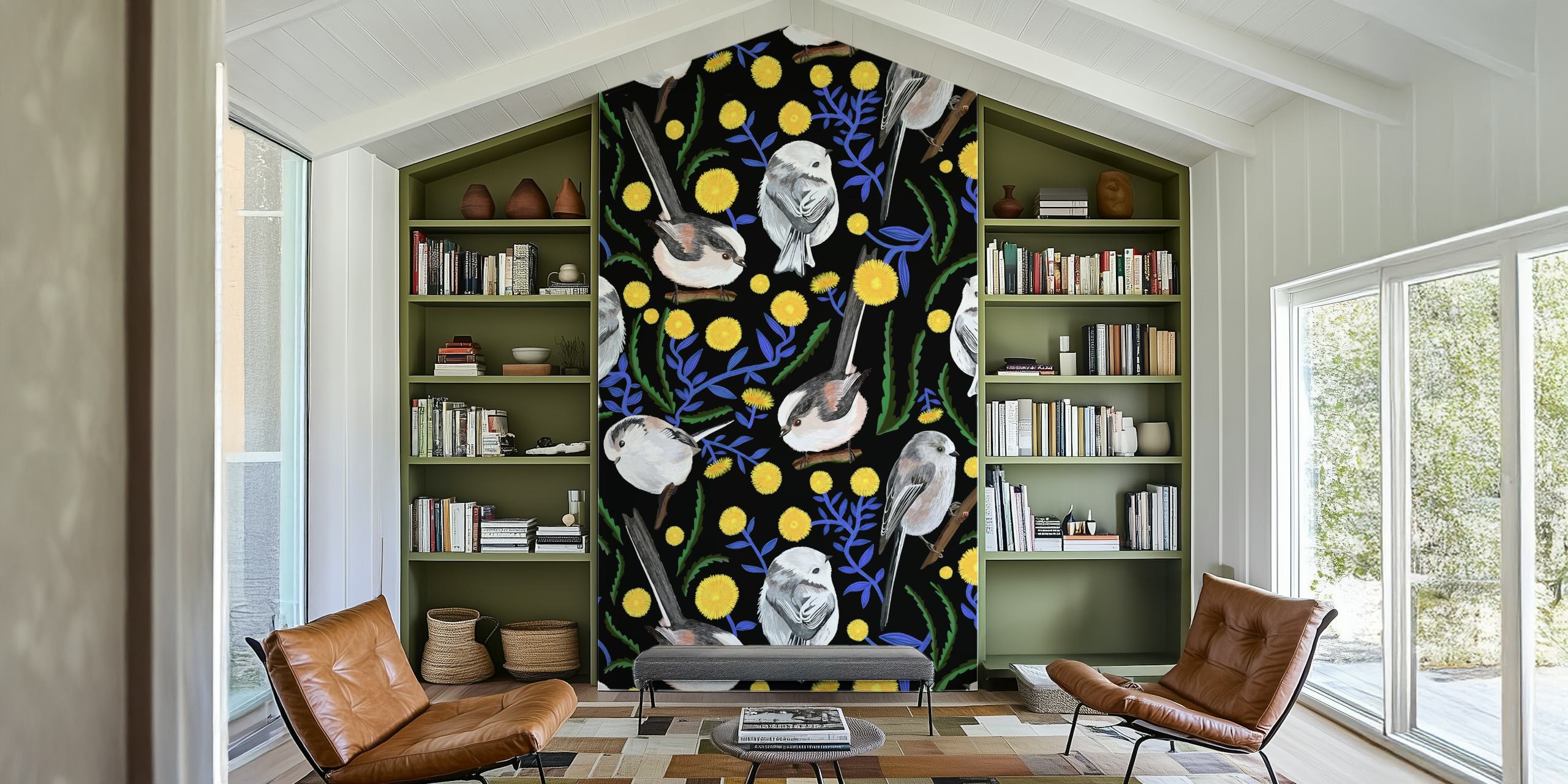 Long tailed tits and dandelions wallpaper