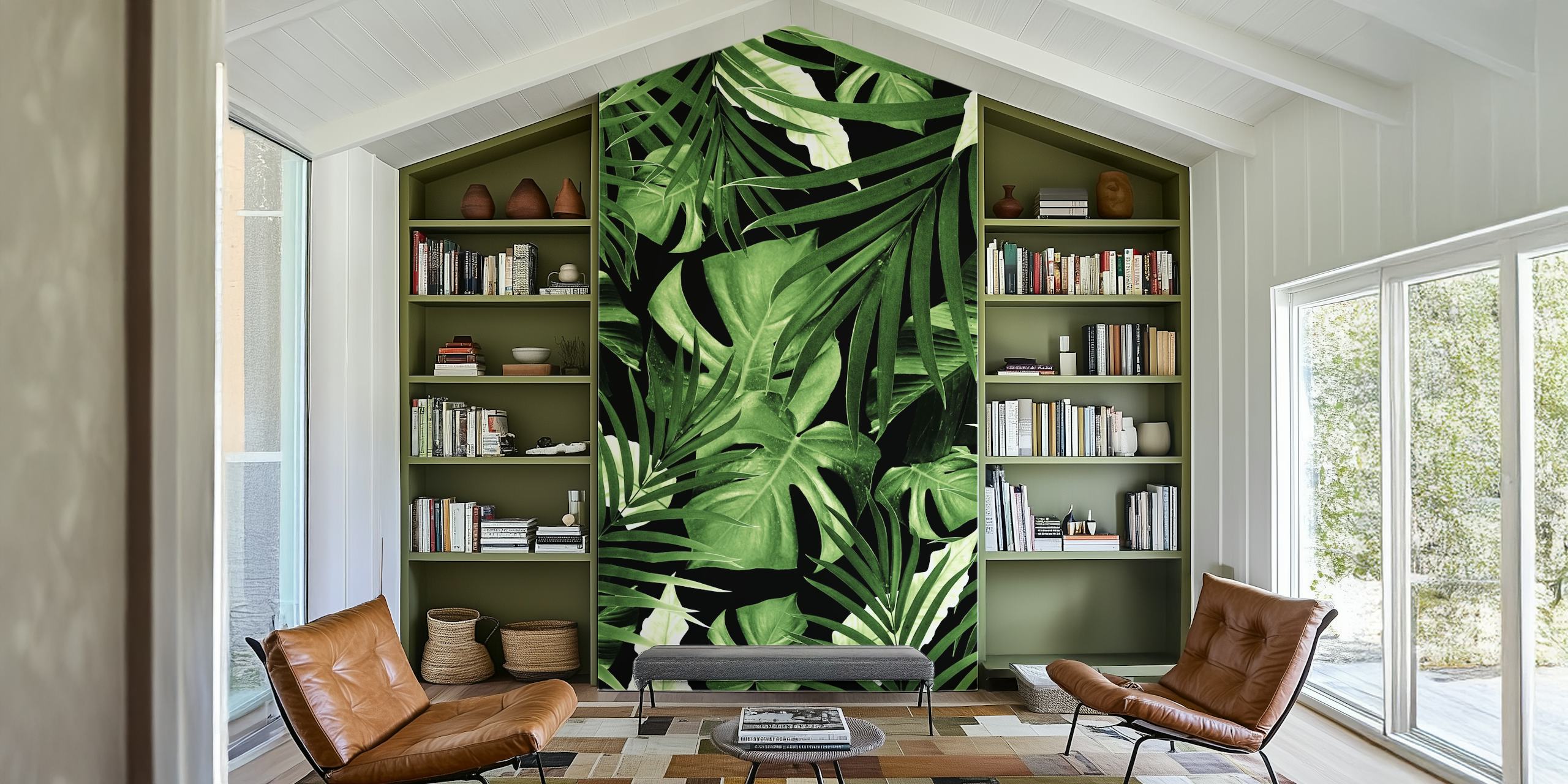 Tropical green leaves against a dark background wallpaper