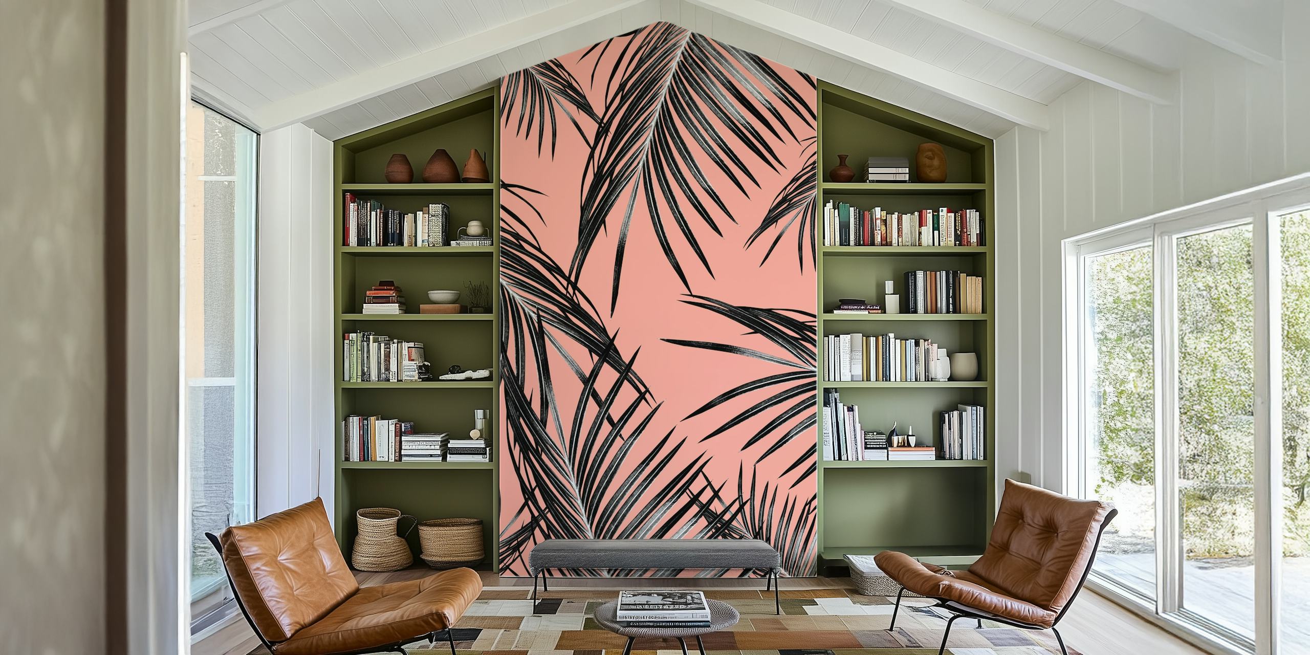 Black palm leaves on a soft peach background wallpaper