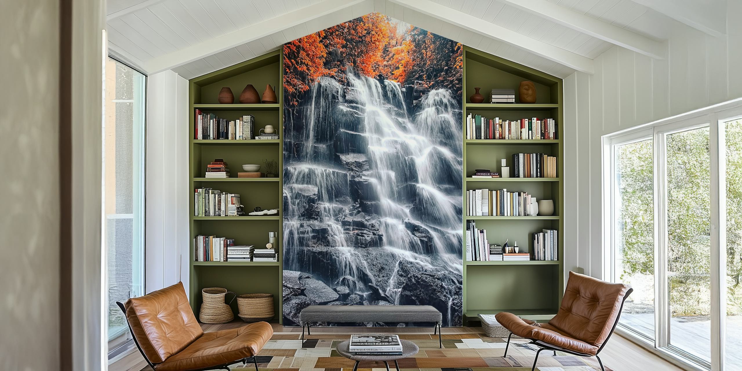 Waterfall flowing over rocks surrounded by orange leaves wallpaper