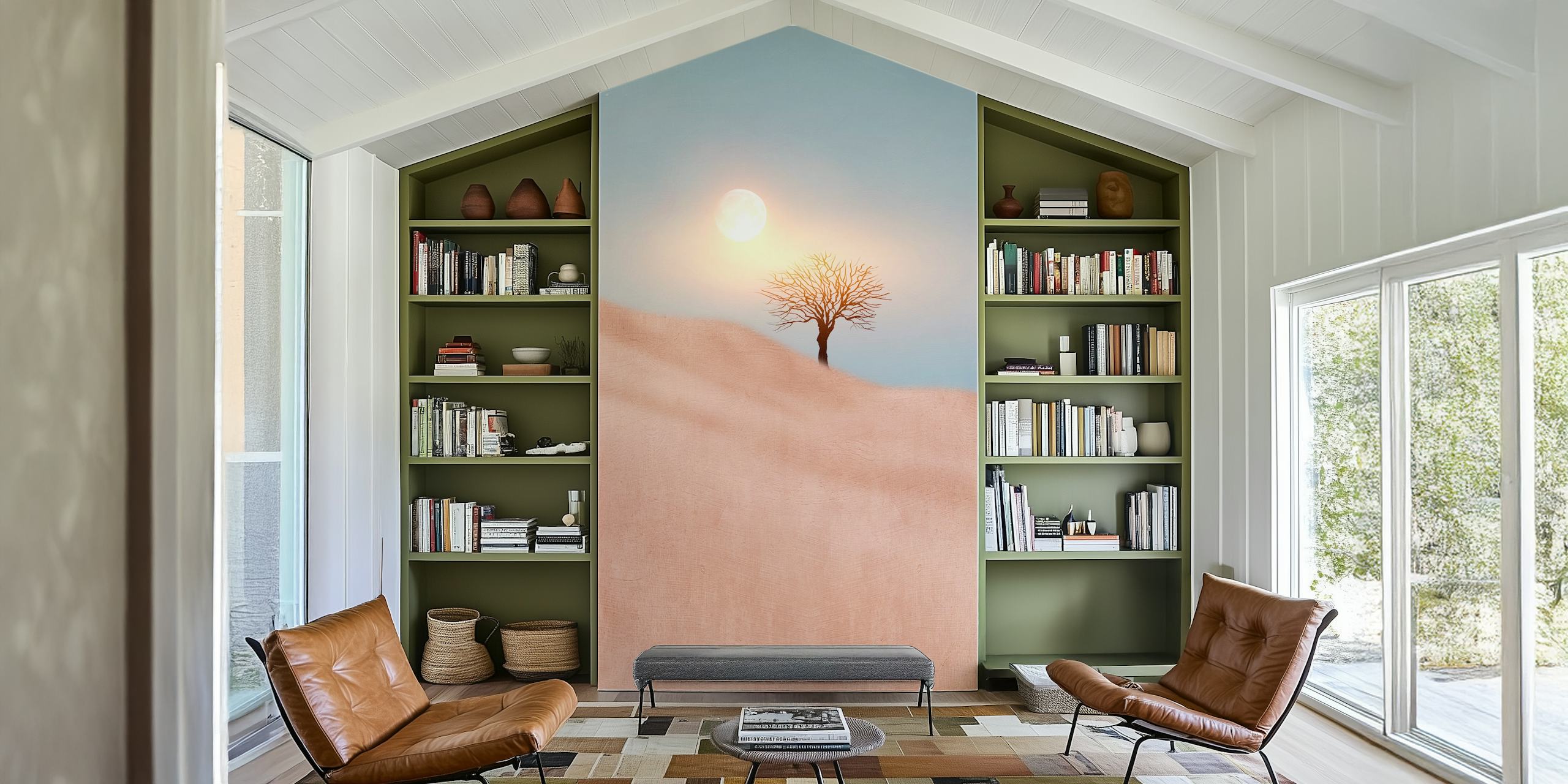 Solitary tree on a pastel beige backdrop under a soft sunlit sky wall mural