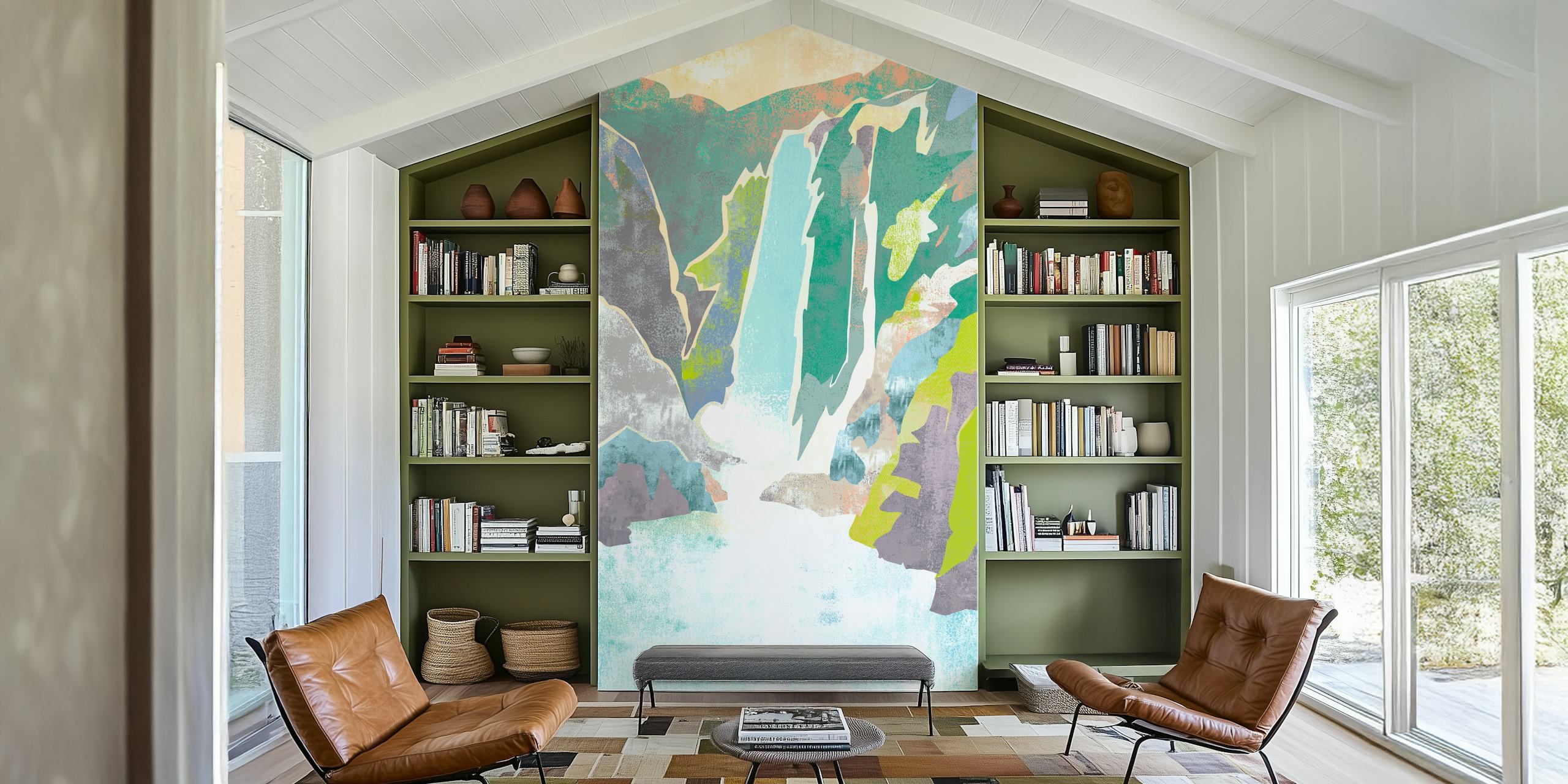 Abstract waterfall wallpaper in a room