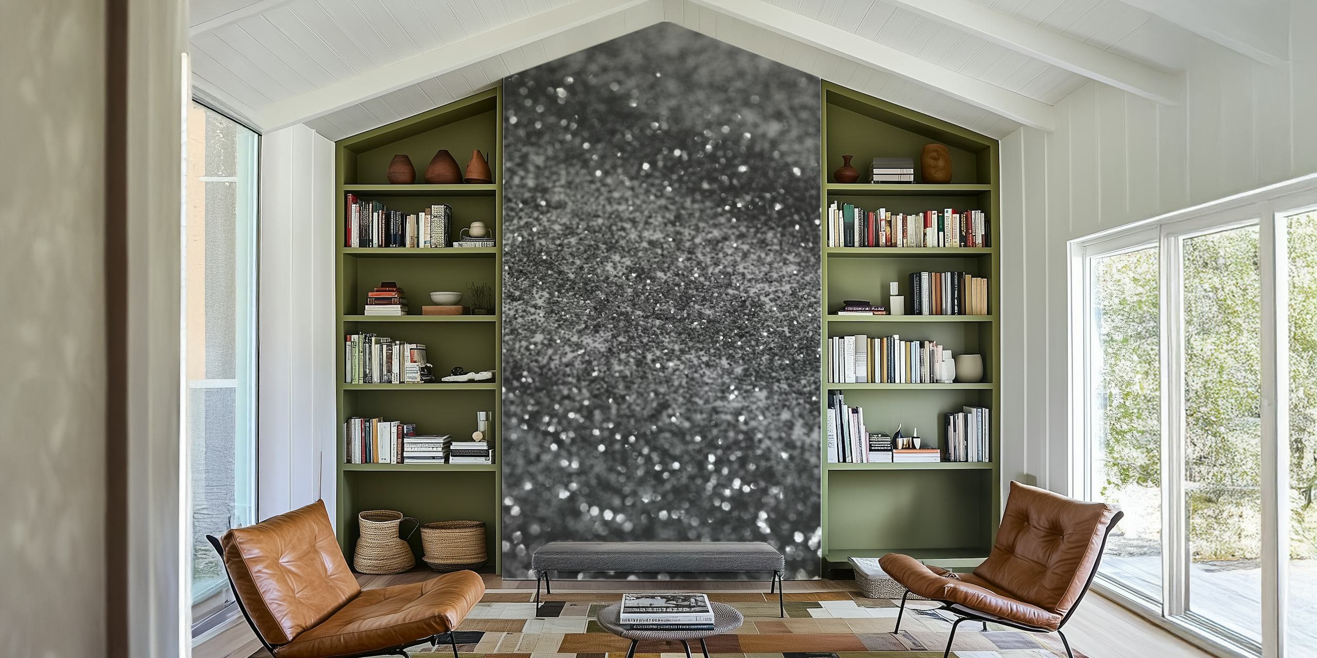 Zilver, grijs en zwart glitter fotobehang met sprankelende stippen