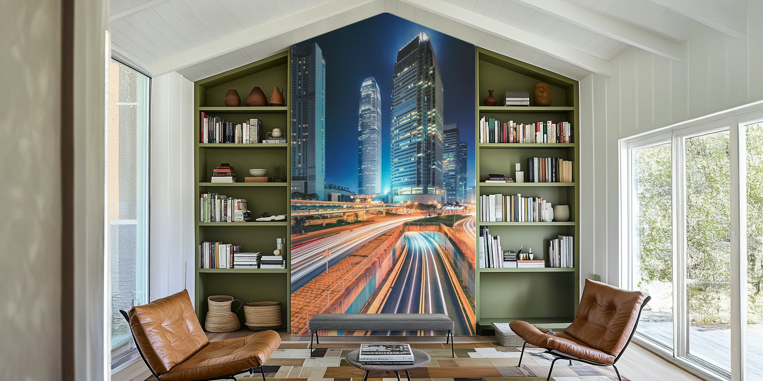 Wall mural of a vibrant cityscape at dusk with illuminated skyscrapers and light trails from moving traffic