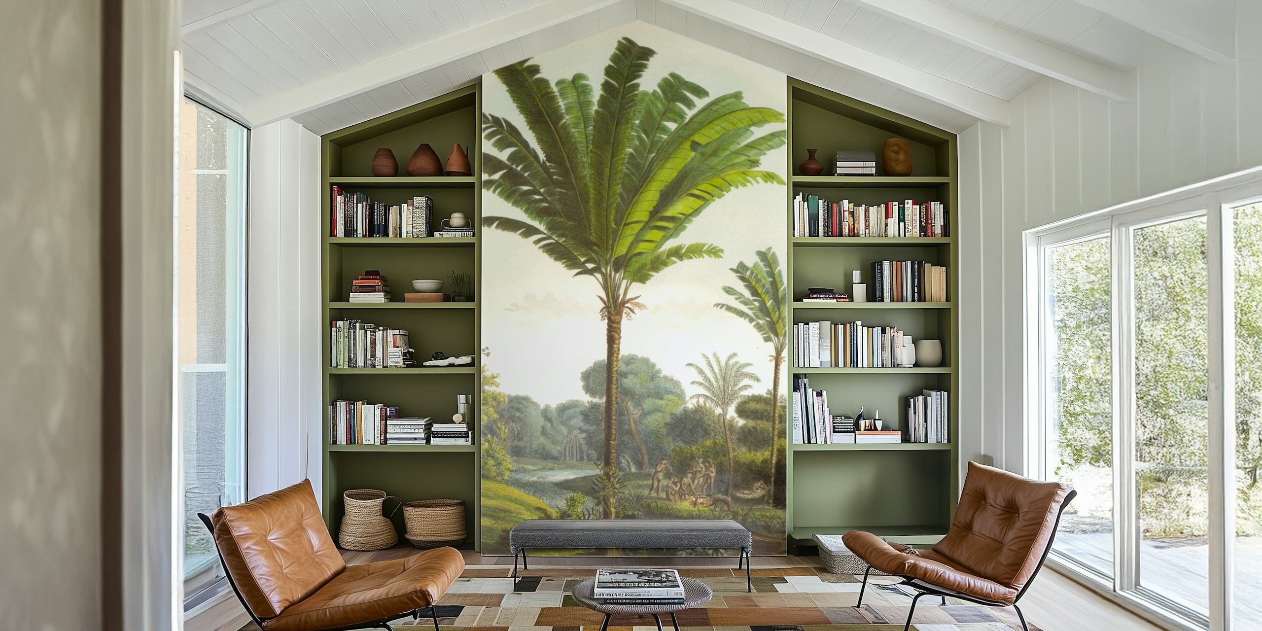 Zidna slika tropskog pejzaža u starinskom stilu s bujnim zelenilom i vintage umjetničkim štihom.