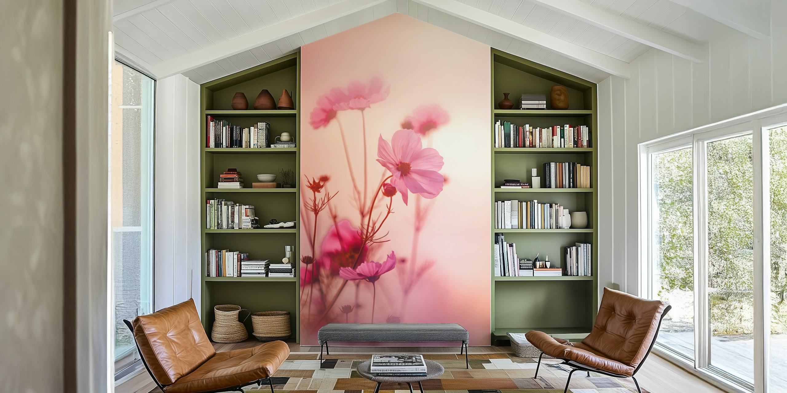 Soft pink floral wallpaper with delicate blooms and green stems