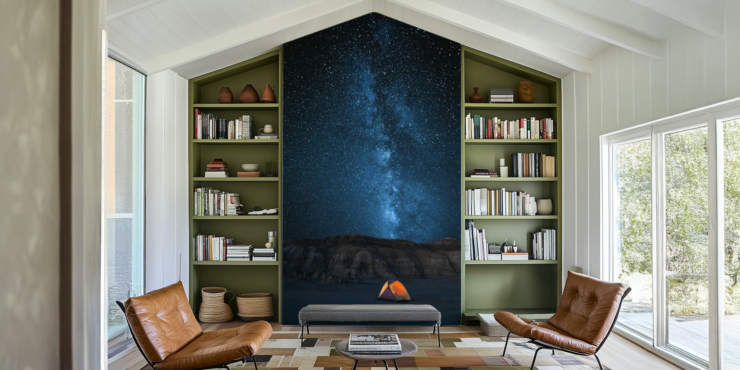 Night sky filled with stars and a glowing orange tent wallpaper