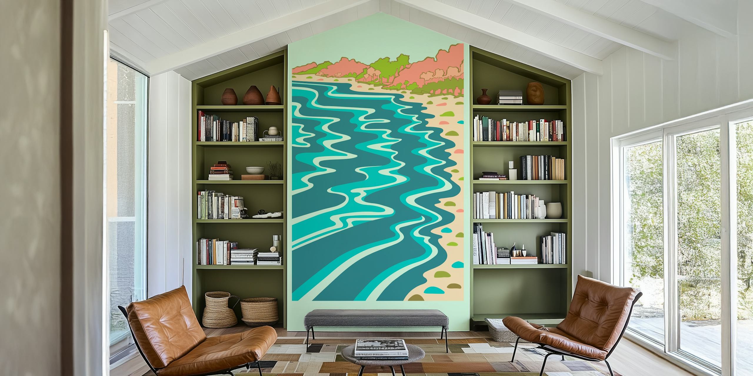 Coastal beach with waves and rocks in pastel colors wallpaper