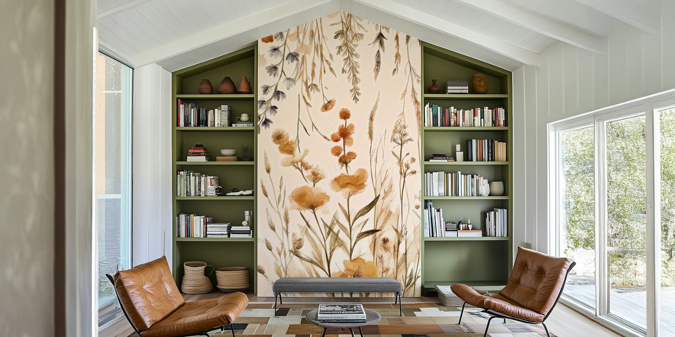Beige en perzikkleurige wilde bloemen op een neutrale achtergrond muurschildering