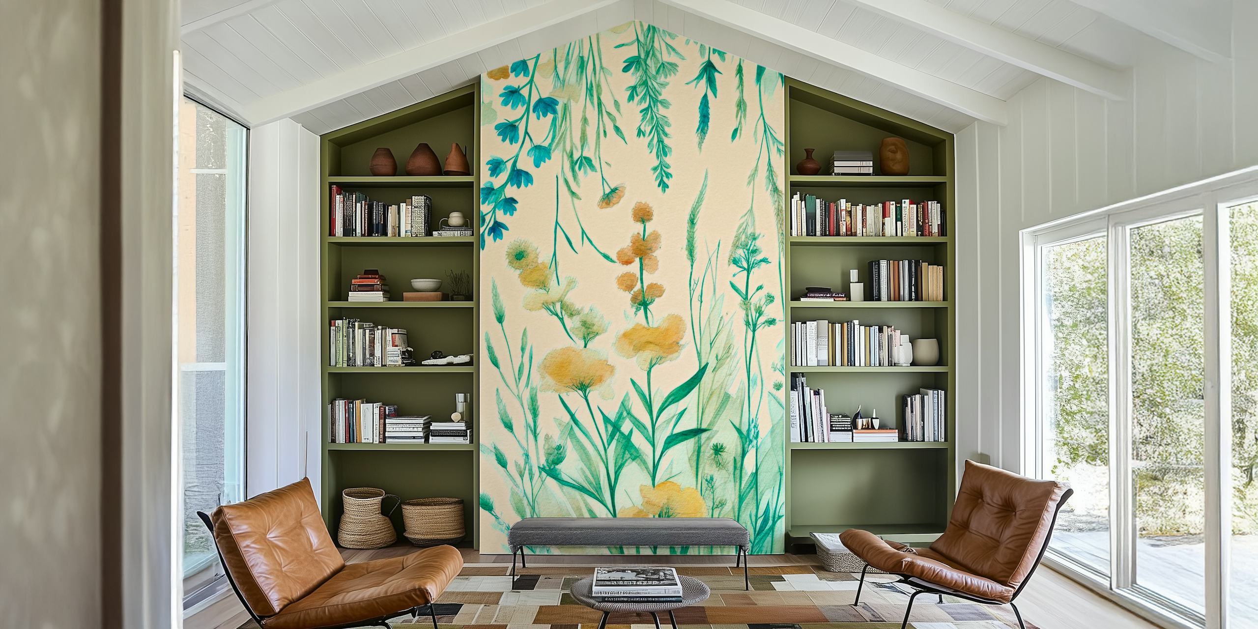 Floral green and yellow design with delicate herbs and flowers wallpaper