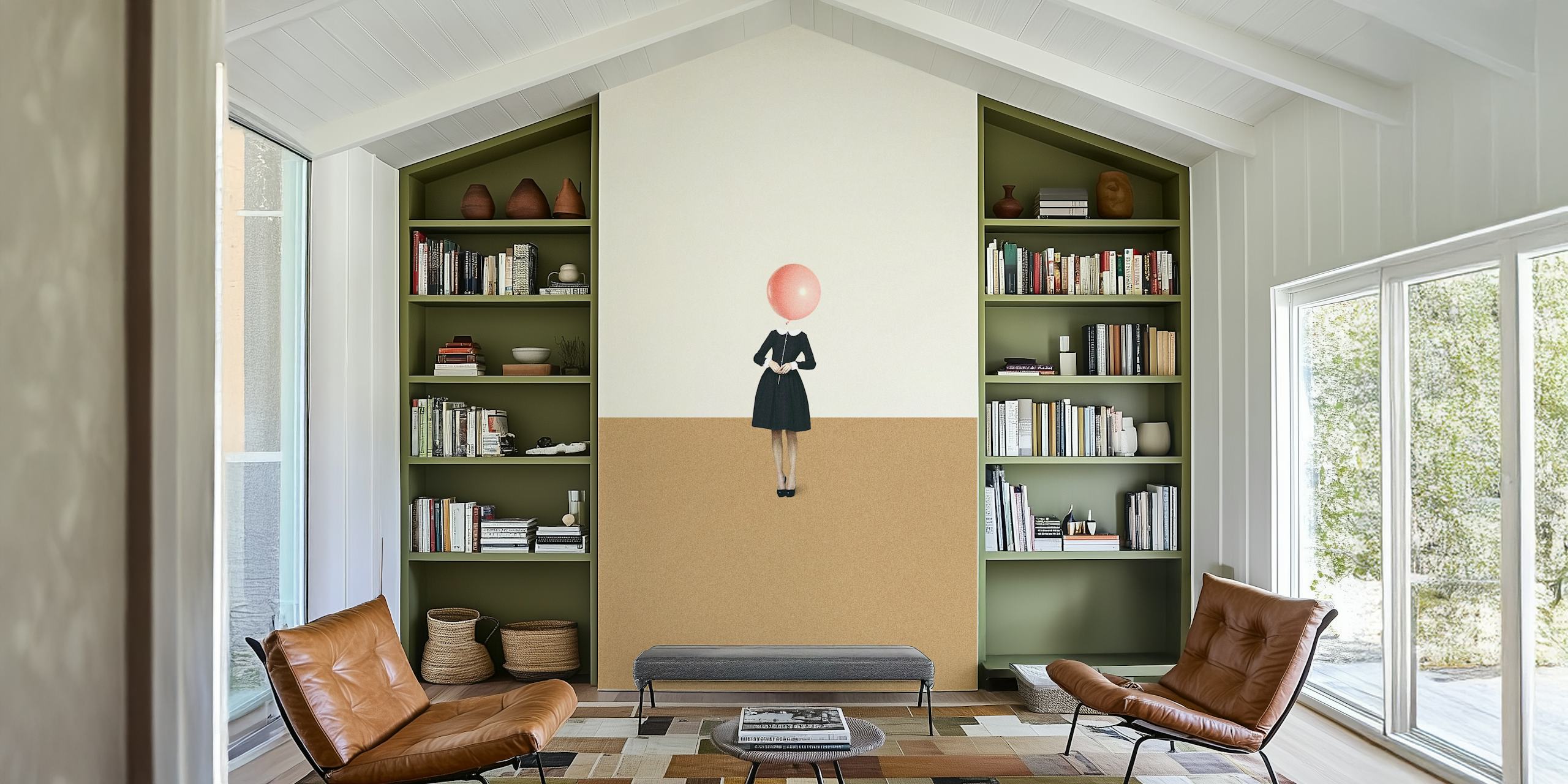 Strukturierte beige und weiße Tapete mit stilisierter Figur und rosa Ballon