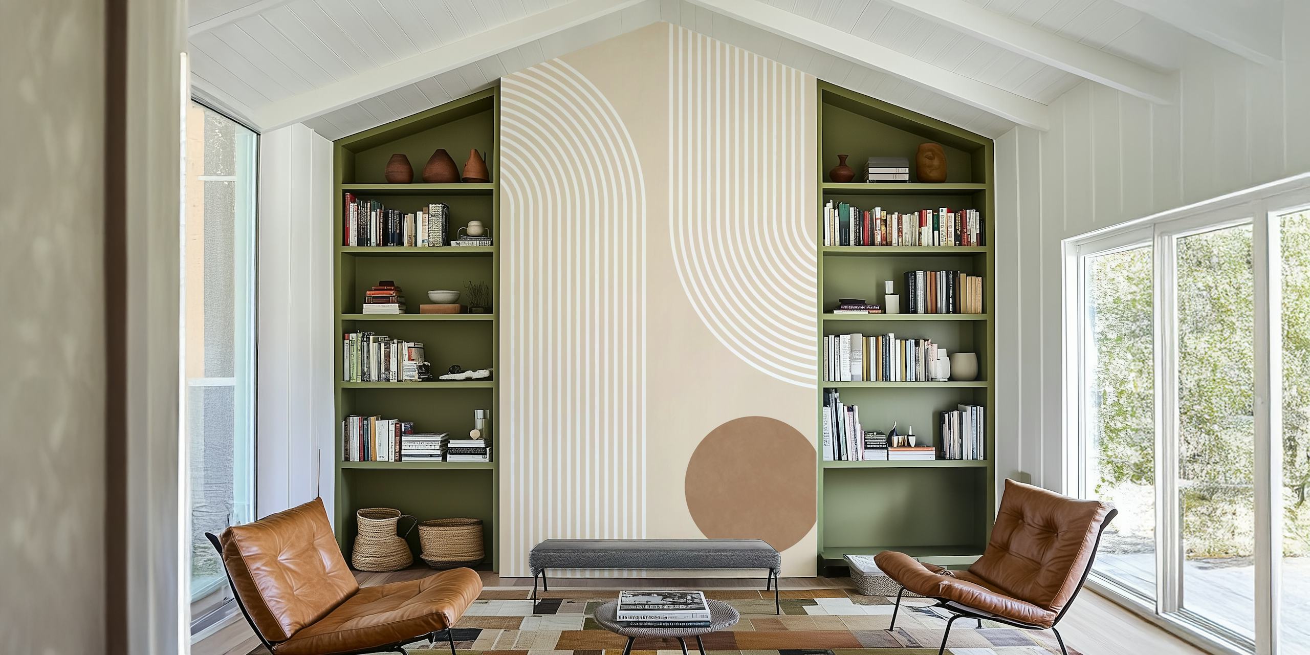 Beige Arc Poster No1 wall mural with abstract curved lines and circle