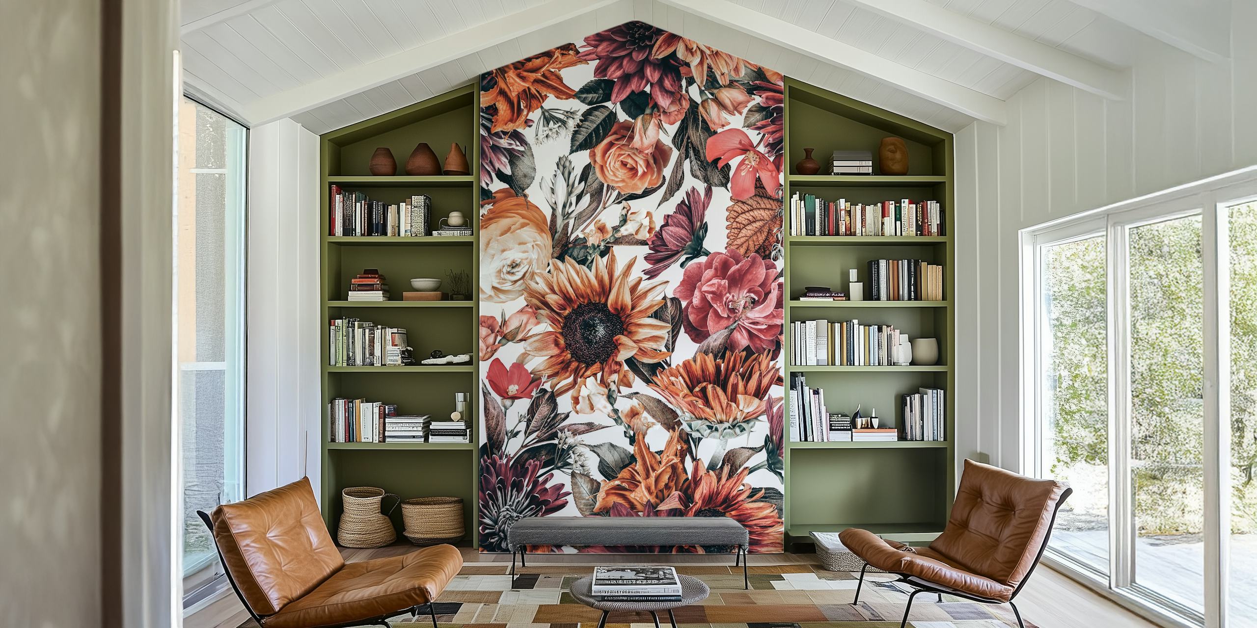 Colorful floral wallpaper featuring sunflowers, roses, and butterflies