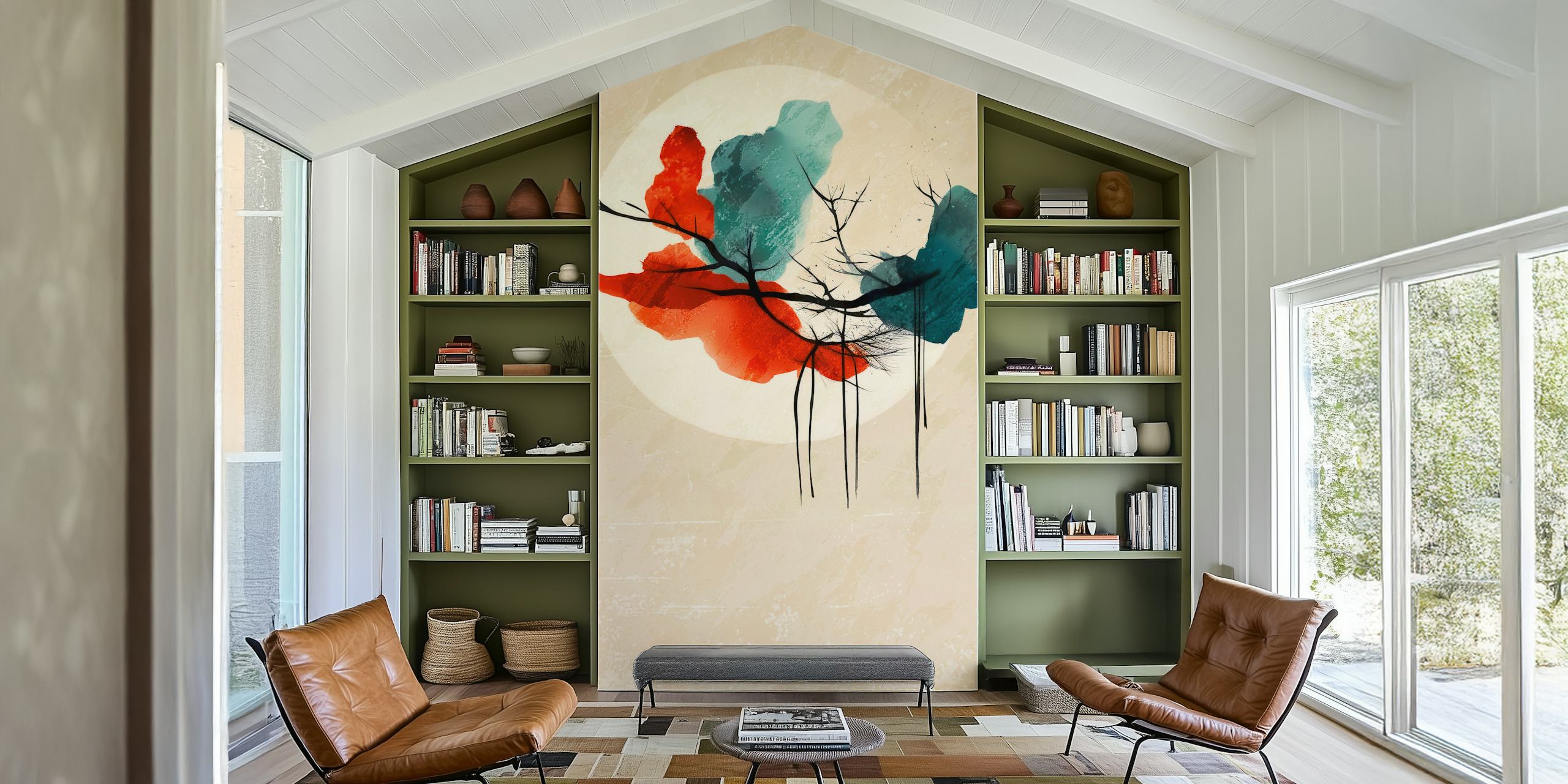 Abstract wallpaper in soft colors with branches and moon design