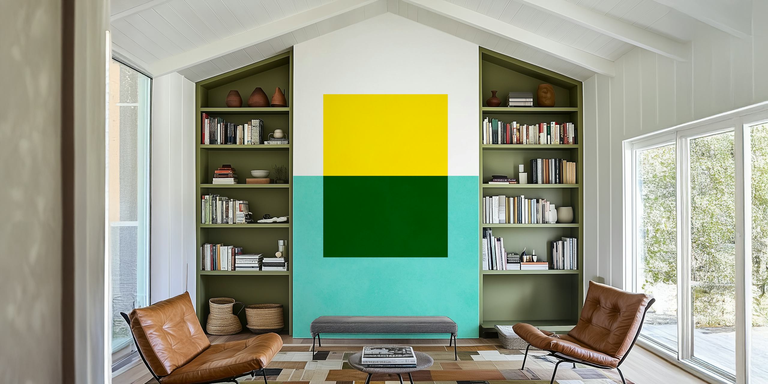 Geometric pattern with green and yellow blocks wallpaper