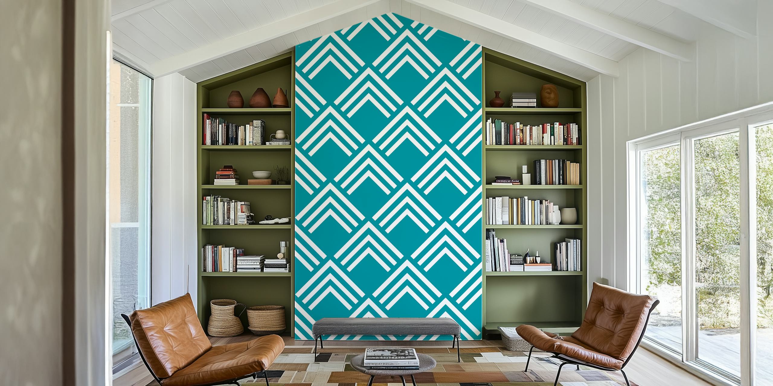 Papel de parede com padrão geométrico vibrante em um quarto