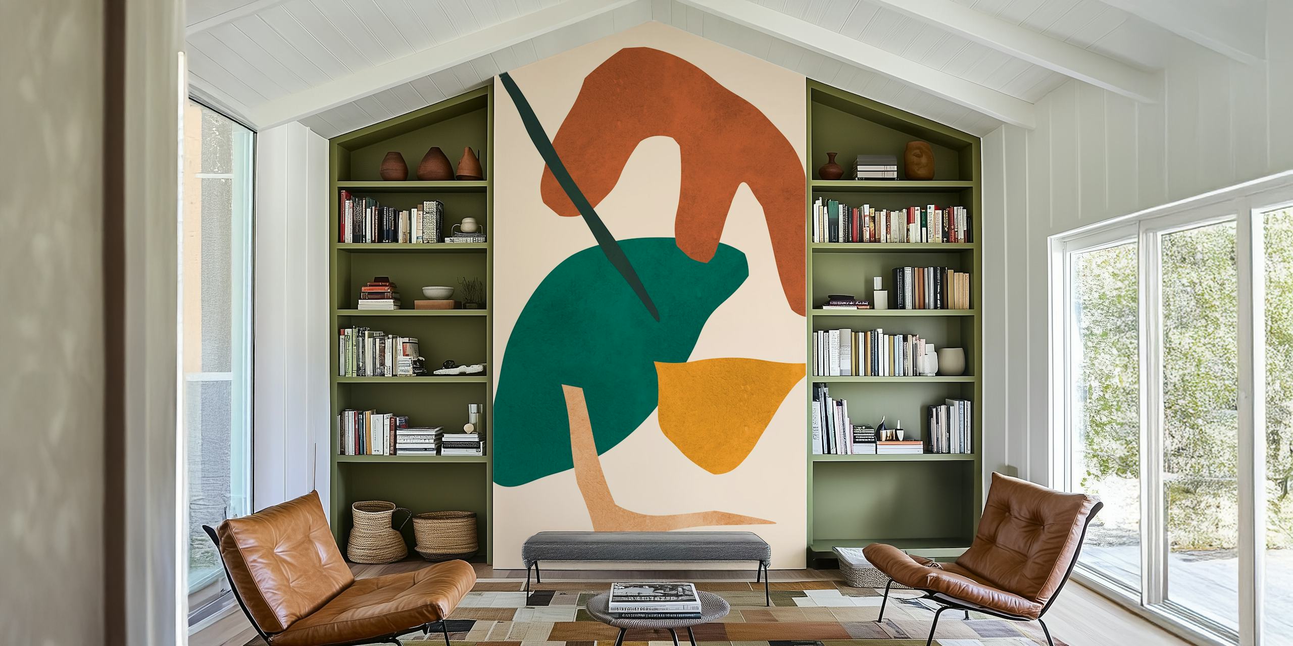 Colorful abstract shapes including green, brown, and yellow on a beige background wallpaper.