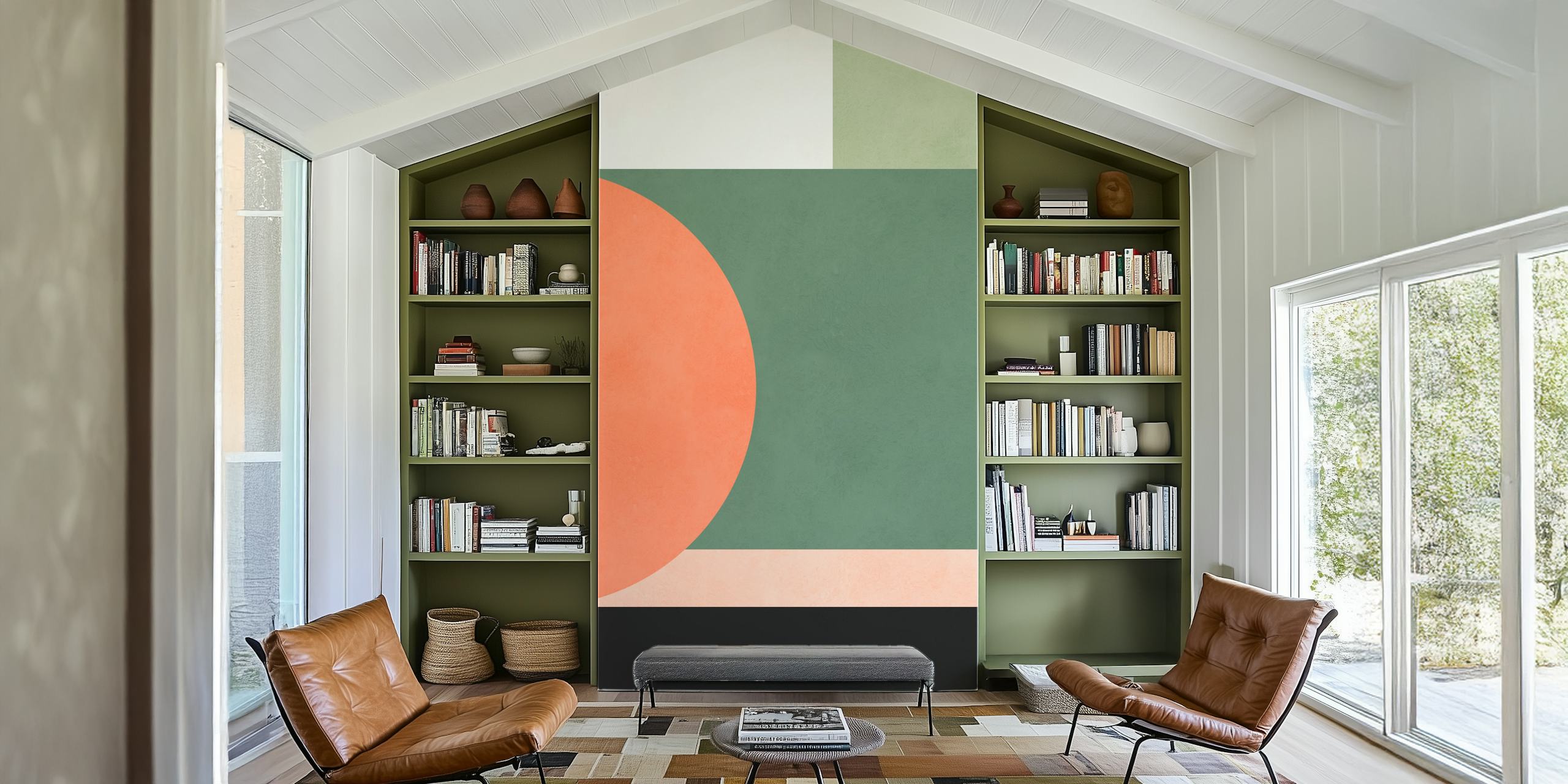 Abstract geometric shapes in green, coral, white on textured wallpaper