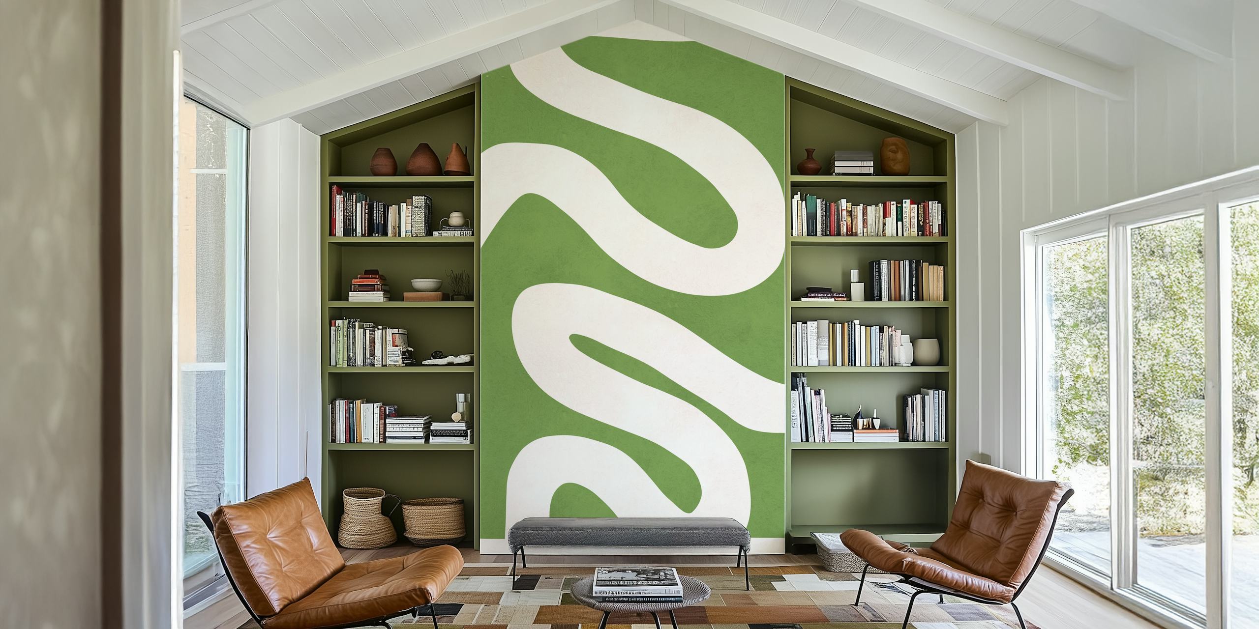 Papel de parede verde abstrato com linhas em uma sala