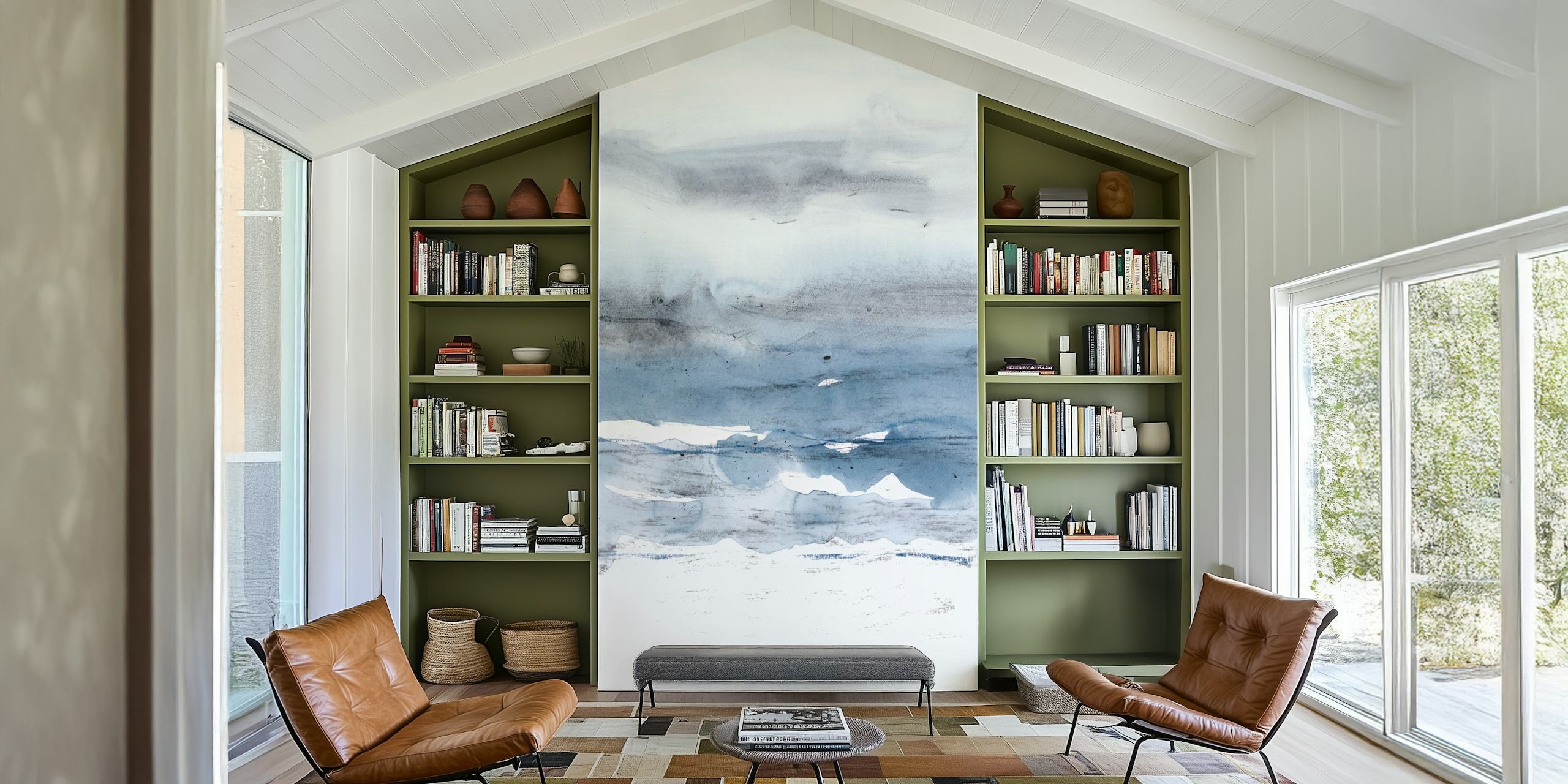 Dissolving landscape blue wallpaper in a room