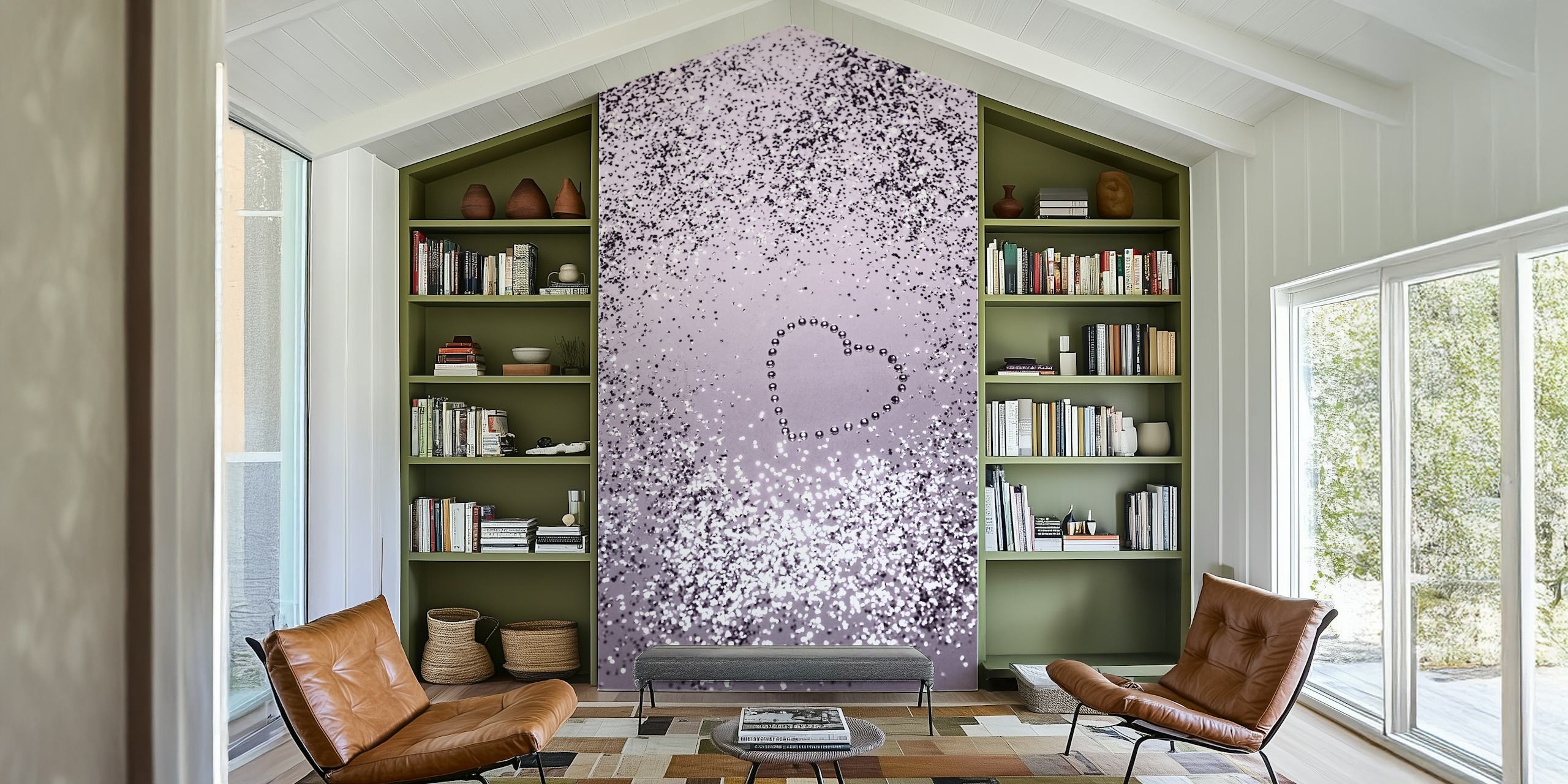 Lavender glitter heart pattern on purple background wallpaper