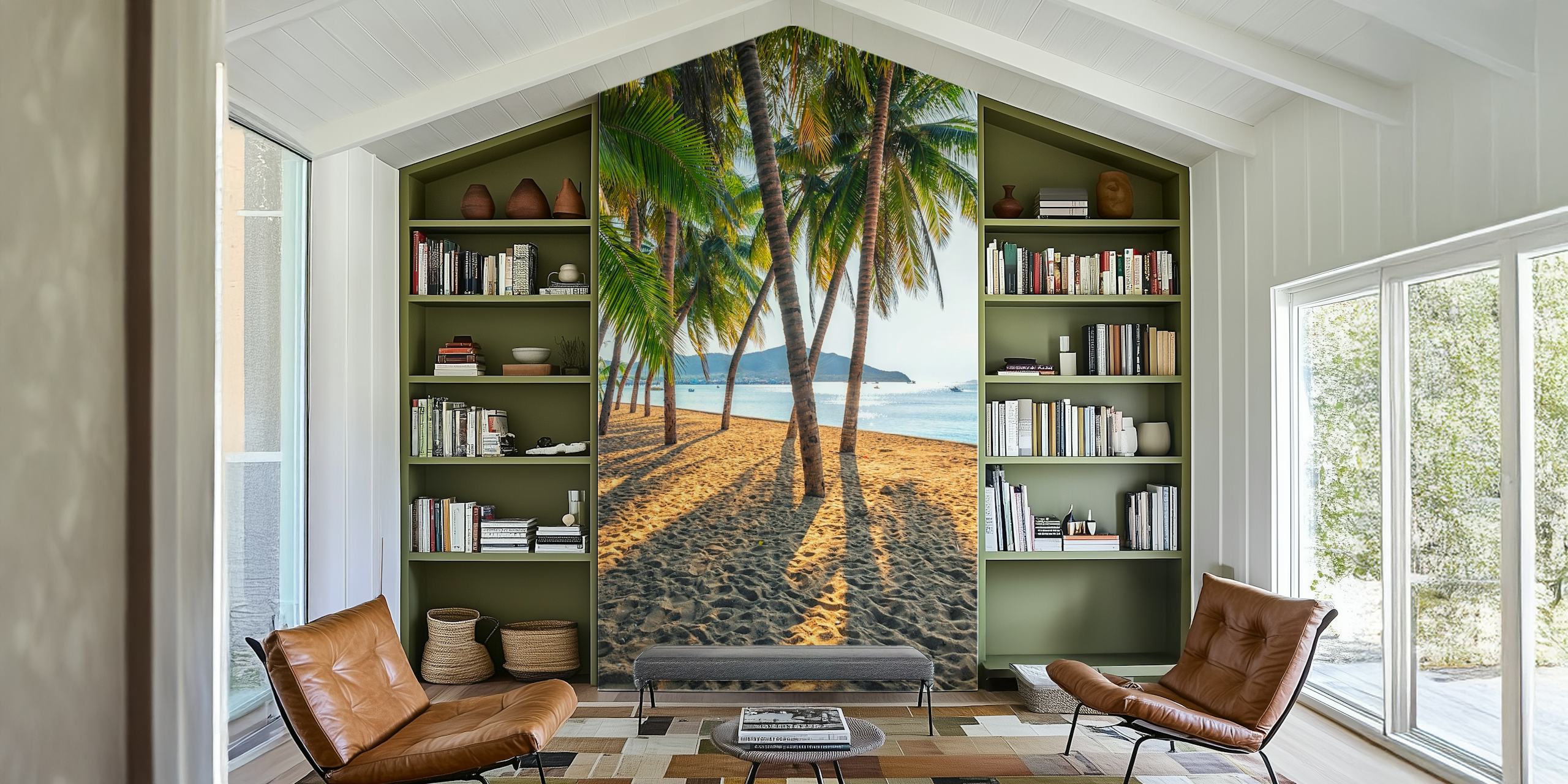 Tropisch strand fotobehang met palmbomen en uitzicht op de oceaan