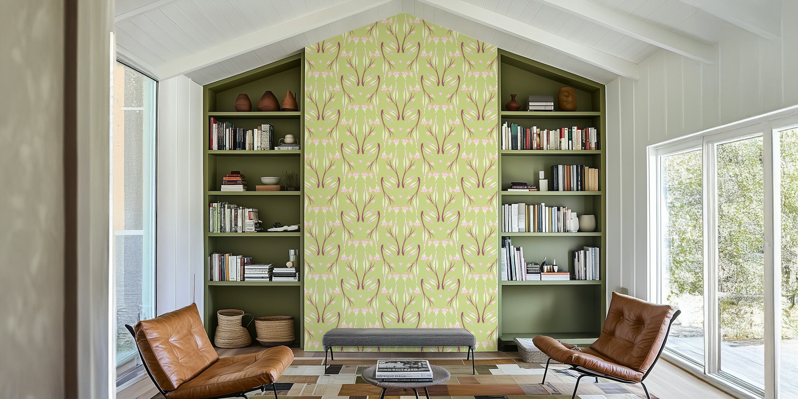 Floral pattern with green background and pink flowers wallpaper